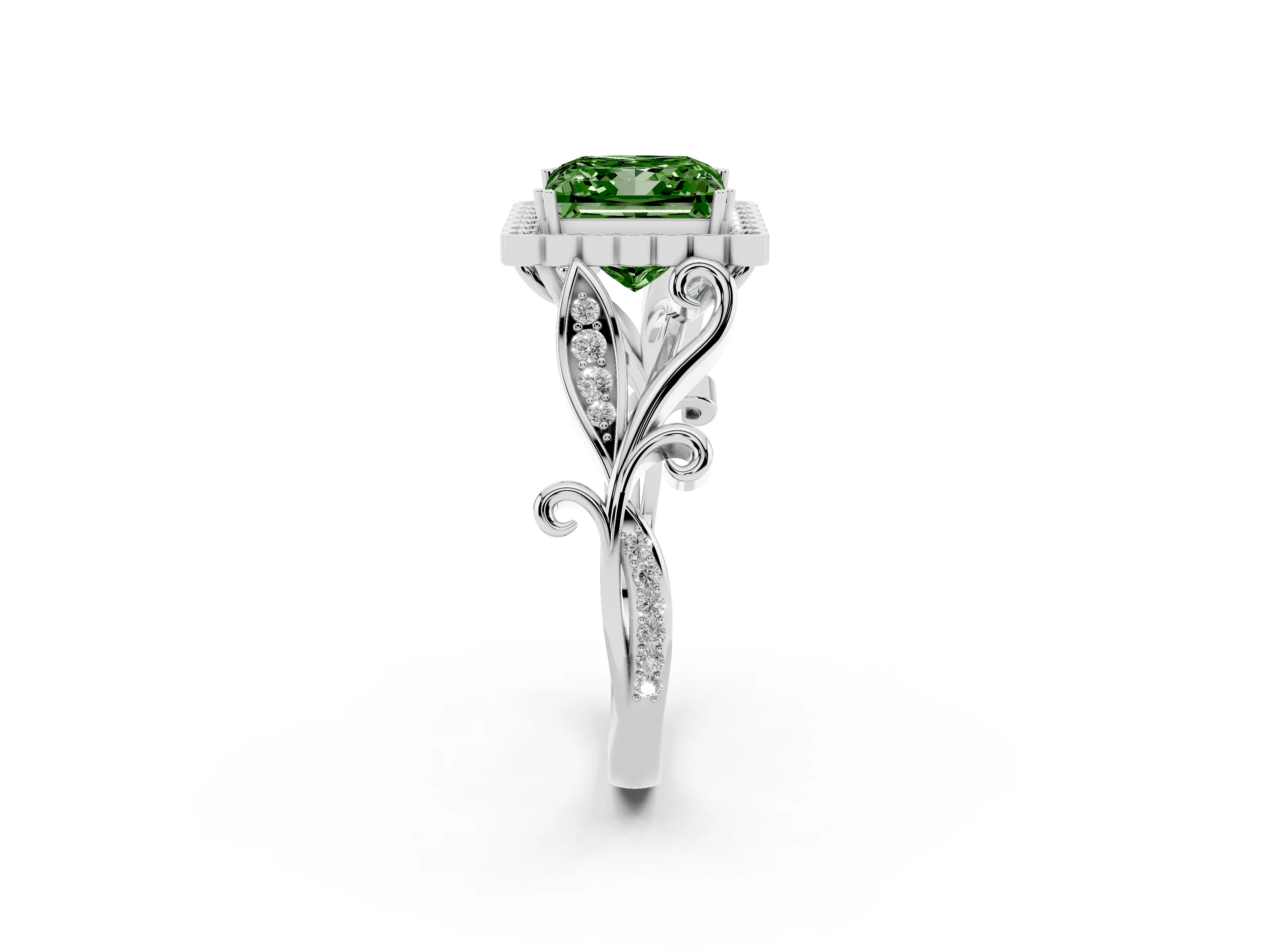 Fancy Green Princess Cut Diamond Halo Ring Set in White gold with Leaf Motif Split Shank and Prong Setting