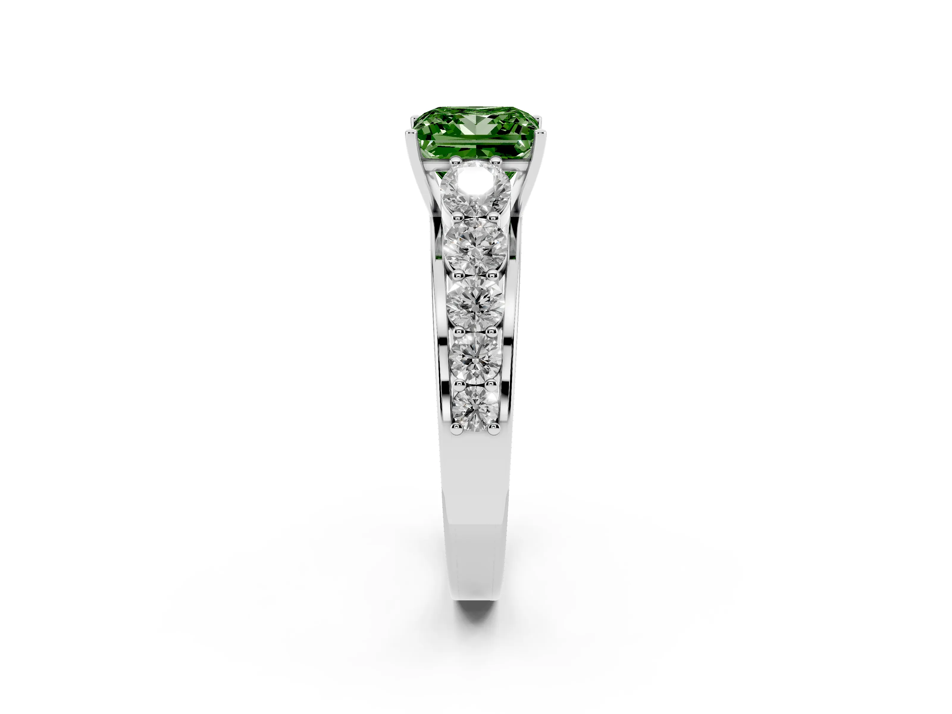 Fancy Green Princess Cut Diamond Solitaire Ring Set in Platinum with Pavé-Set Band and Prong Setting