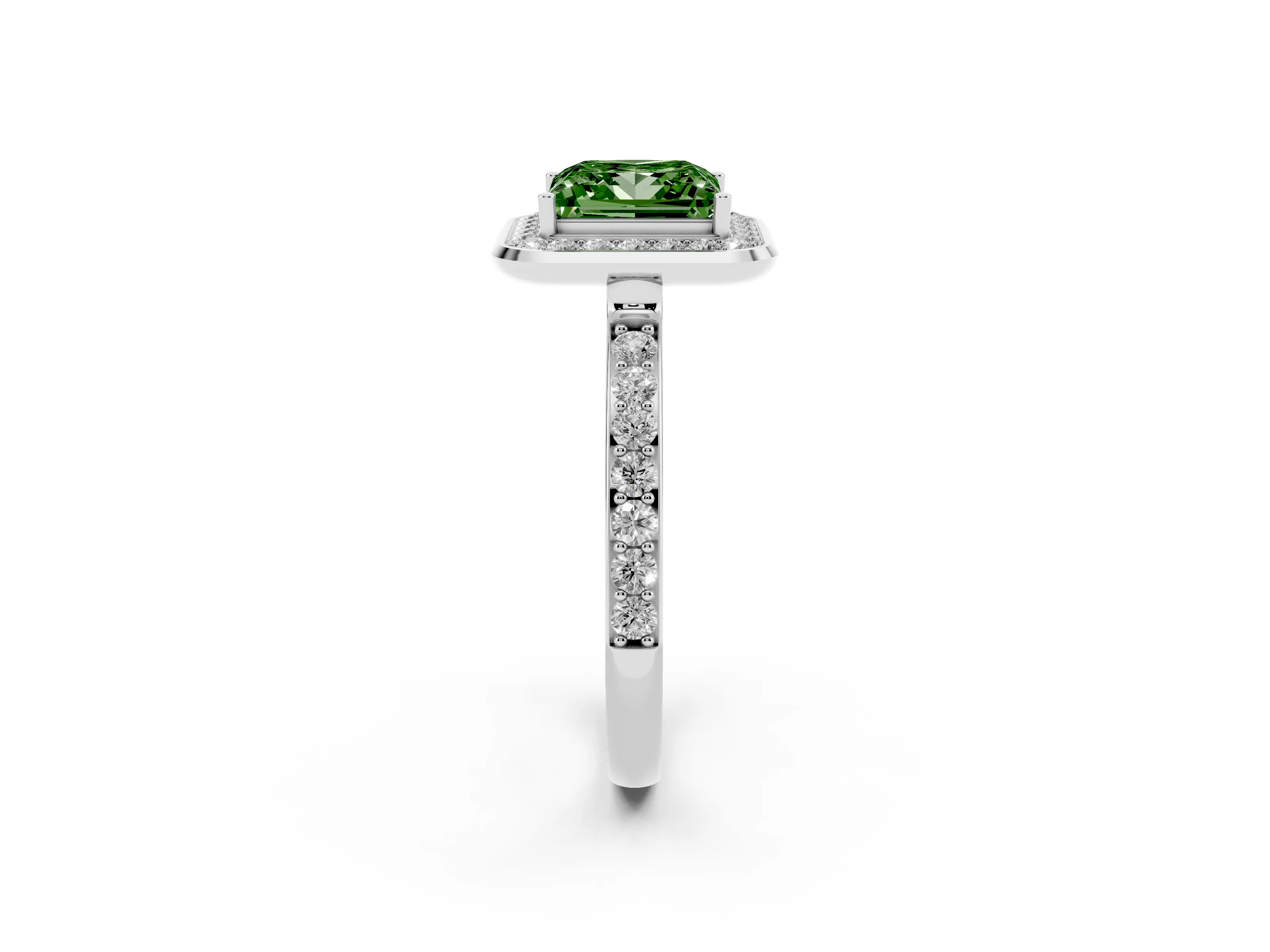 Fancy Green Princess Cut Diamond Halo Ring Set in White gold with Bezel Frame and Pavé Band