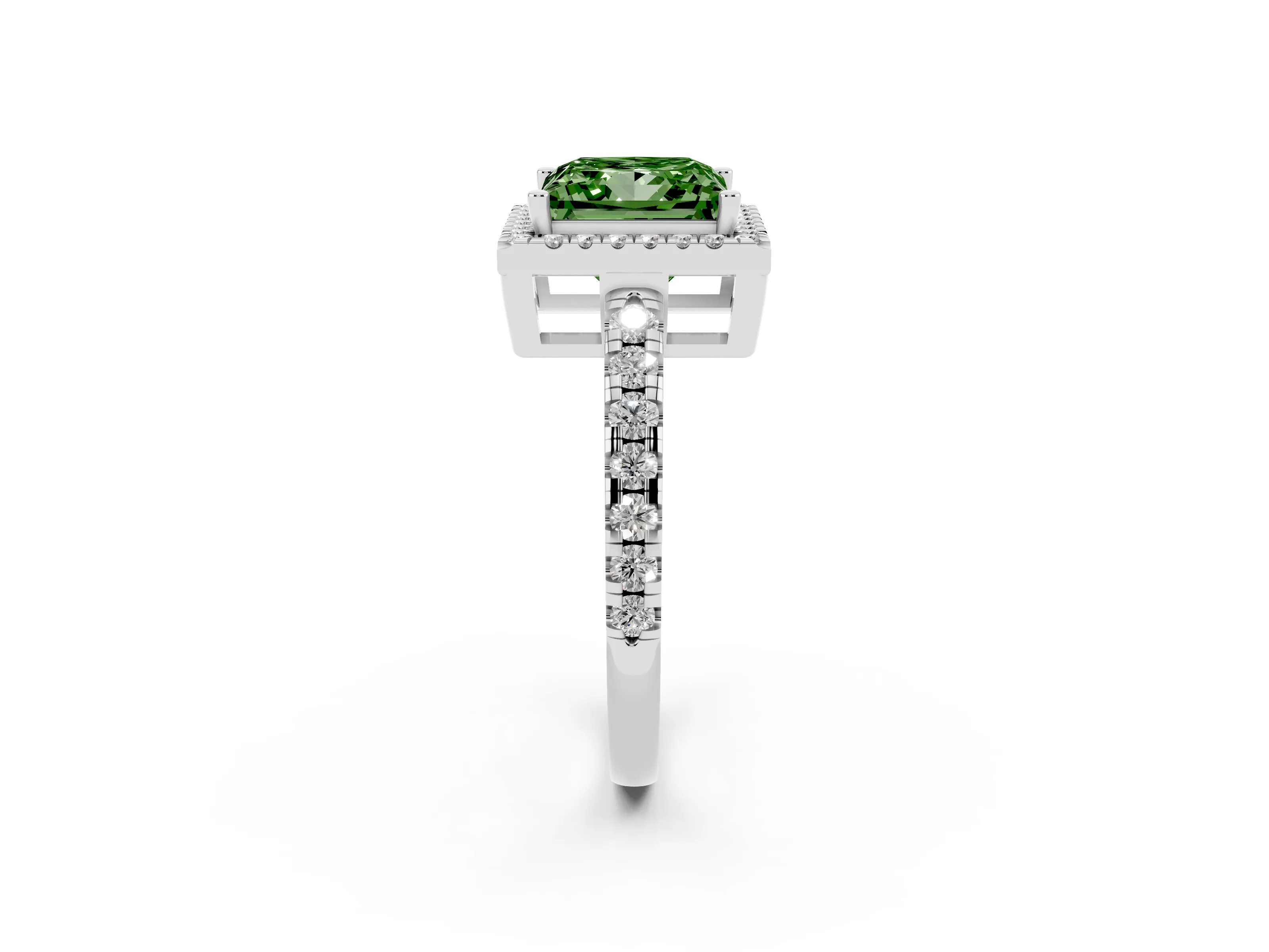 Fancy Green Princess Cut Diamond Halo Ring Set in Silver with Delicate Pavé Band and Prong Setting