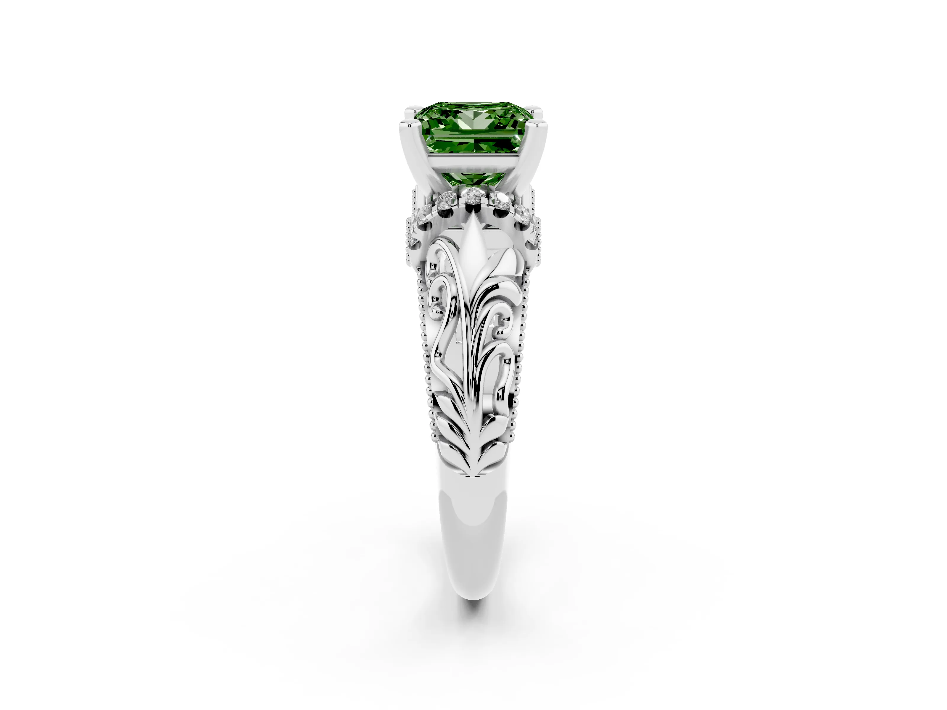 Fancy Green Princess Cut Diamond Filigree Halo Engagement Ring Set in Silver with Prong Setting