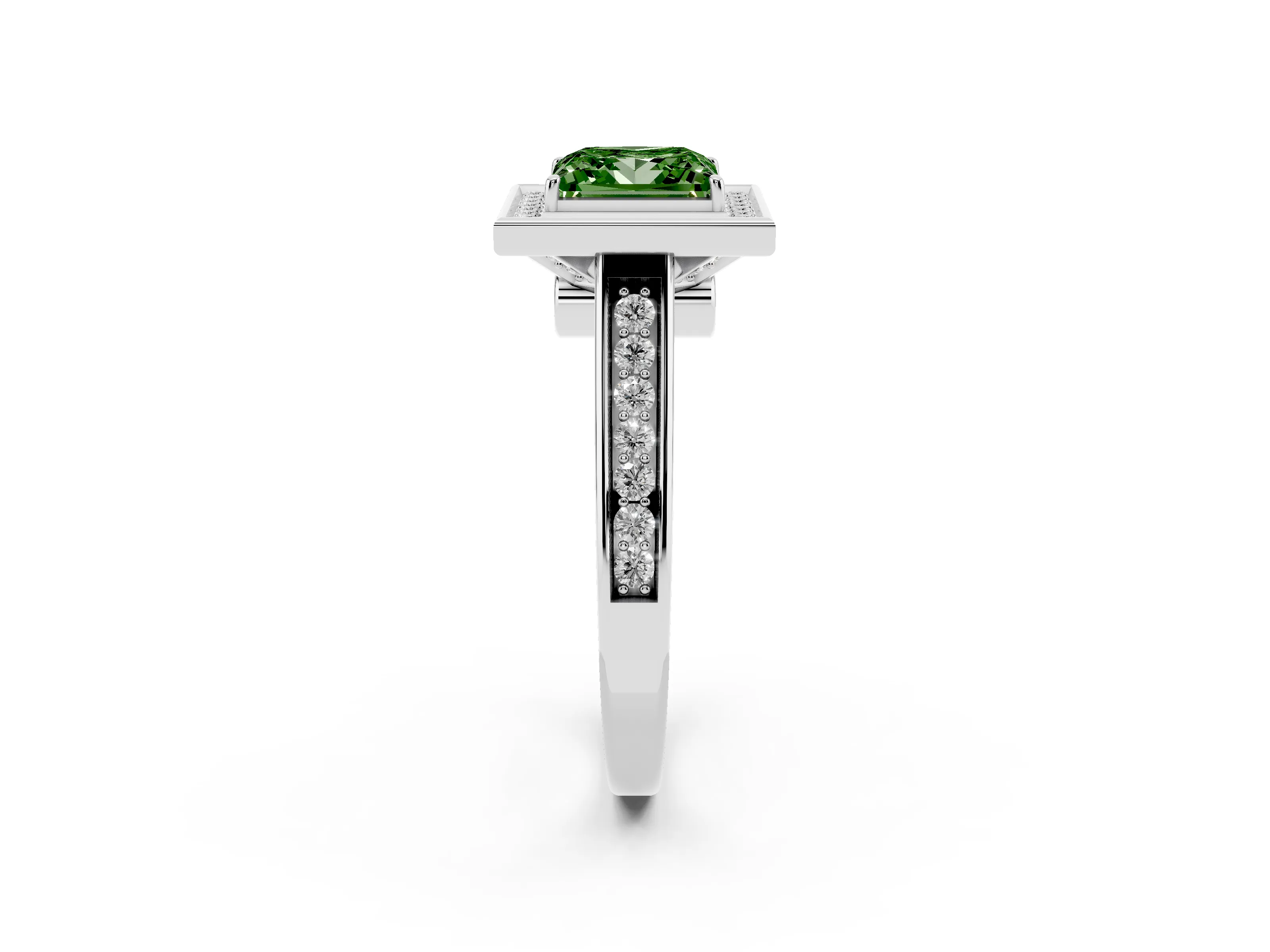 Fancy Green Princess Cut Diamond Halo Solitaire Ring Set in Platinum with Pavé Band and Bezel Setting