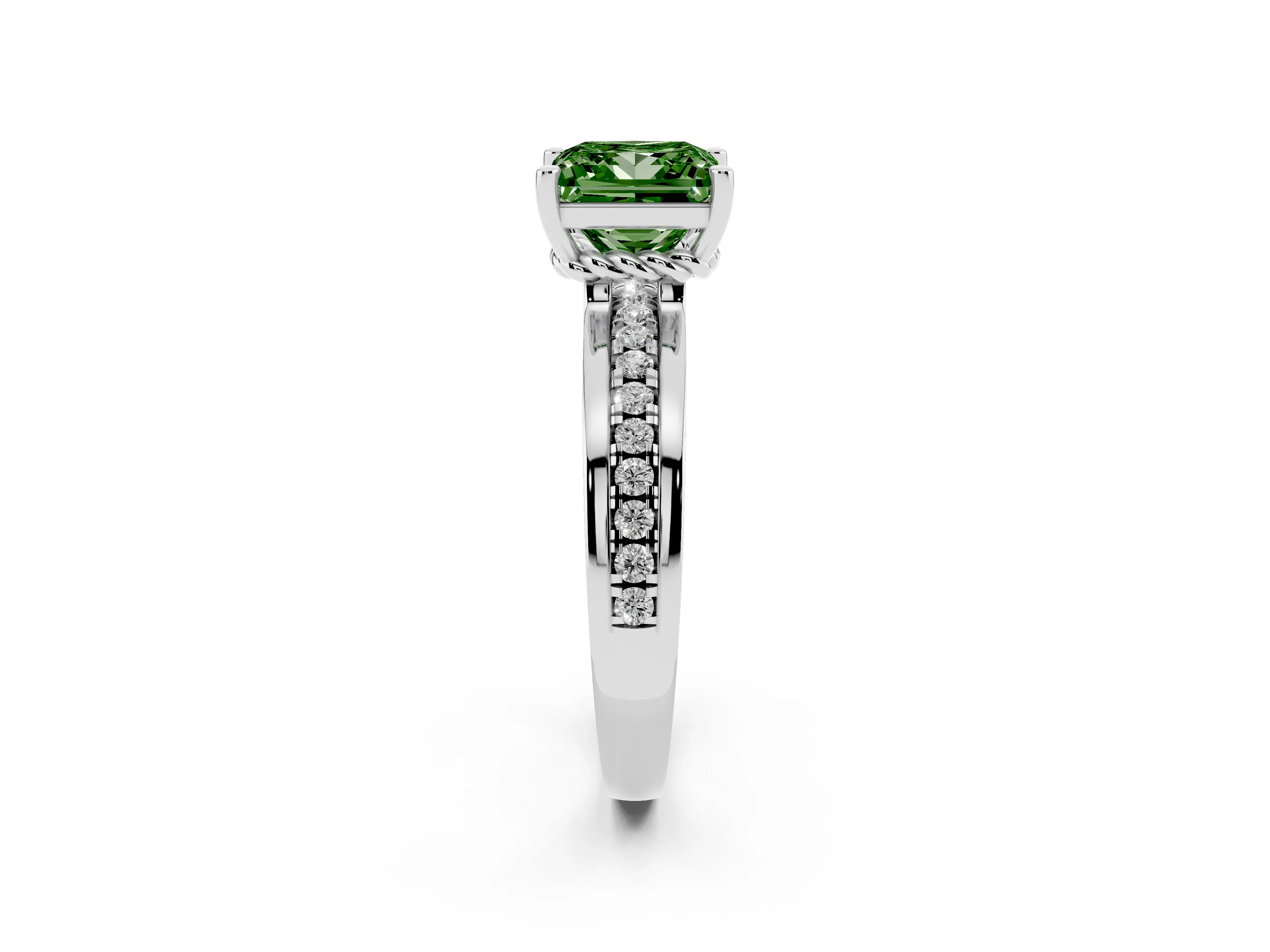 Fancy Green Princess Cut Diamond Solitaire Ring Set in White gold with Channel Set Band and Prong Setting