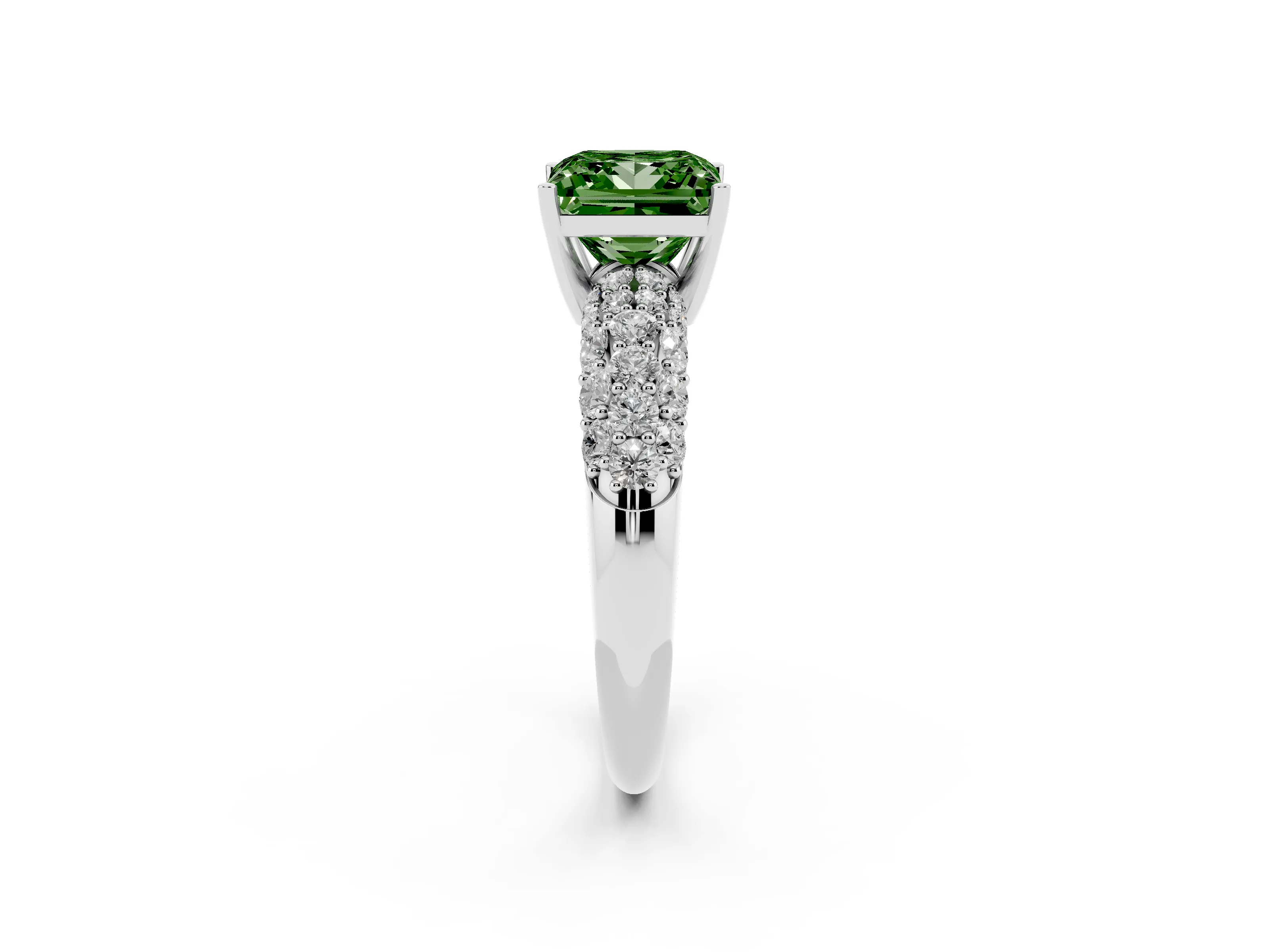 Fancy Green Princess Cut Diamond Pavé Band Solitaire Ring Set in Platinum with Close-Set Accent Stones and Prong Setting