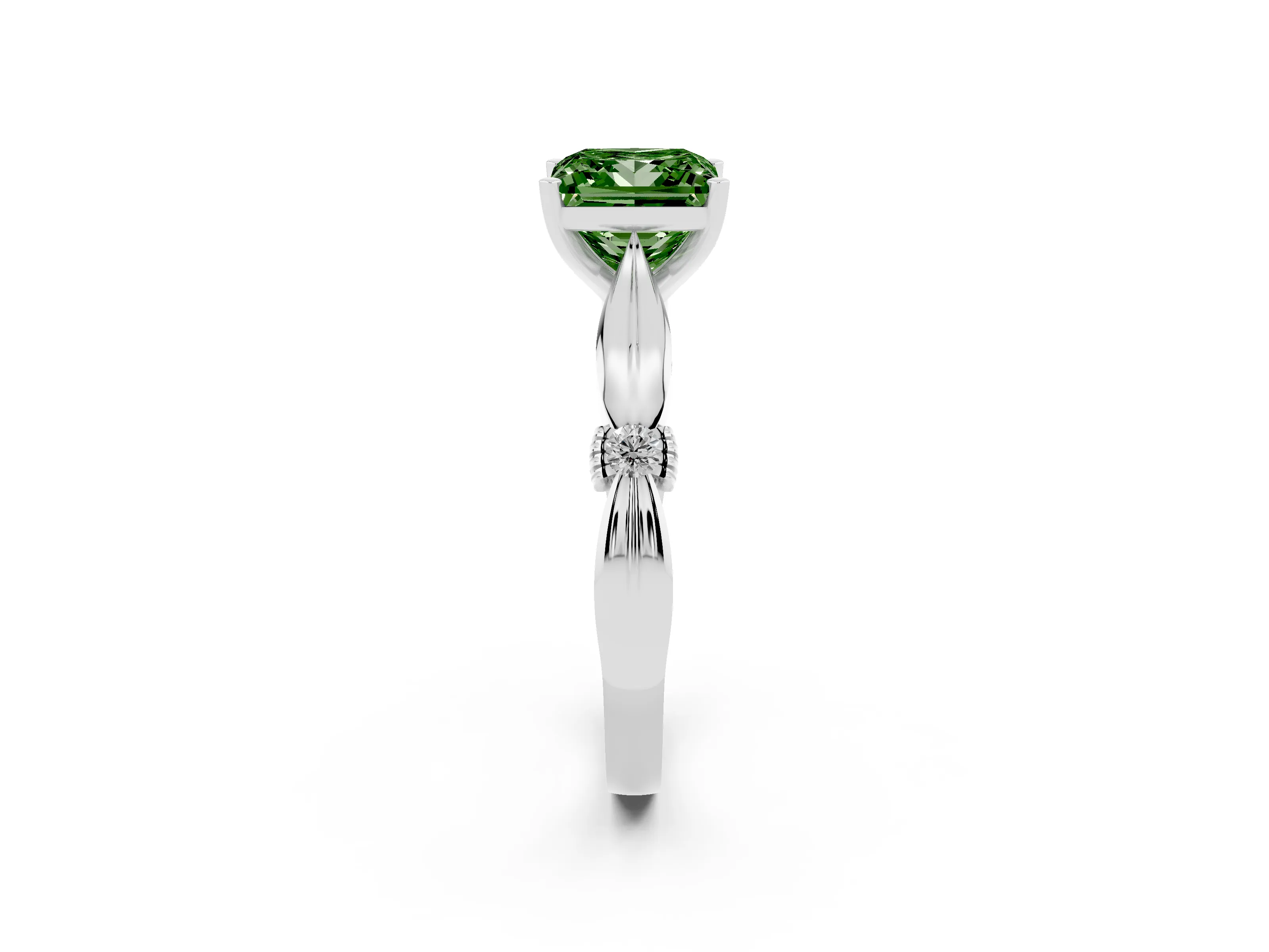 Fancy Green Princess Cut Diamond Solitaire Twisted Band Ring Set in Platinum with Accent Stones and Prong Setting
