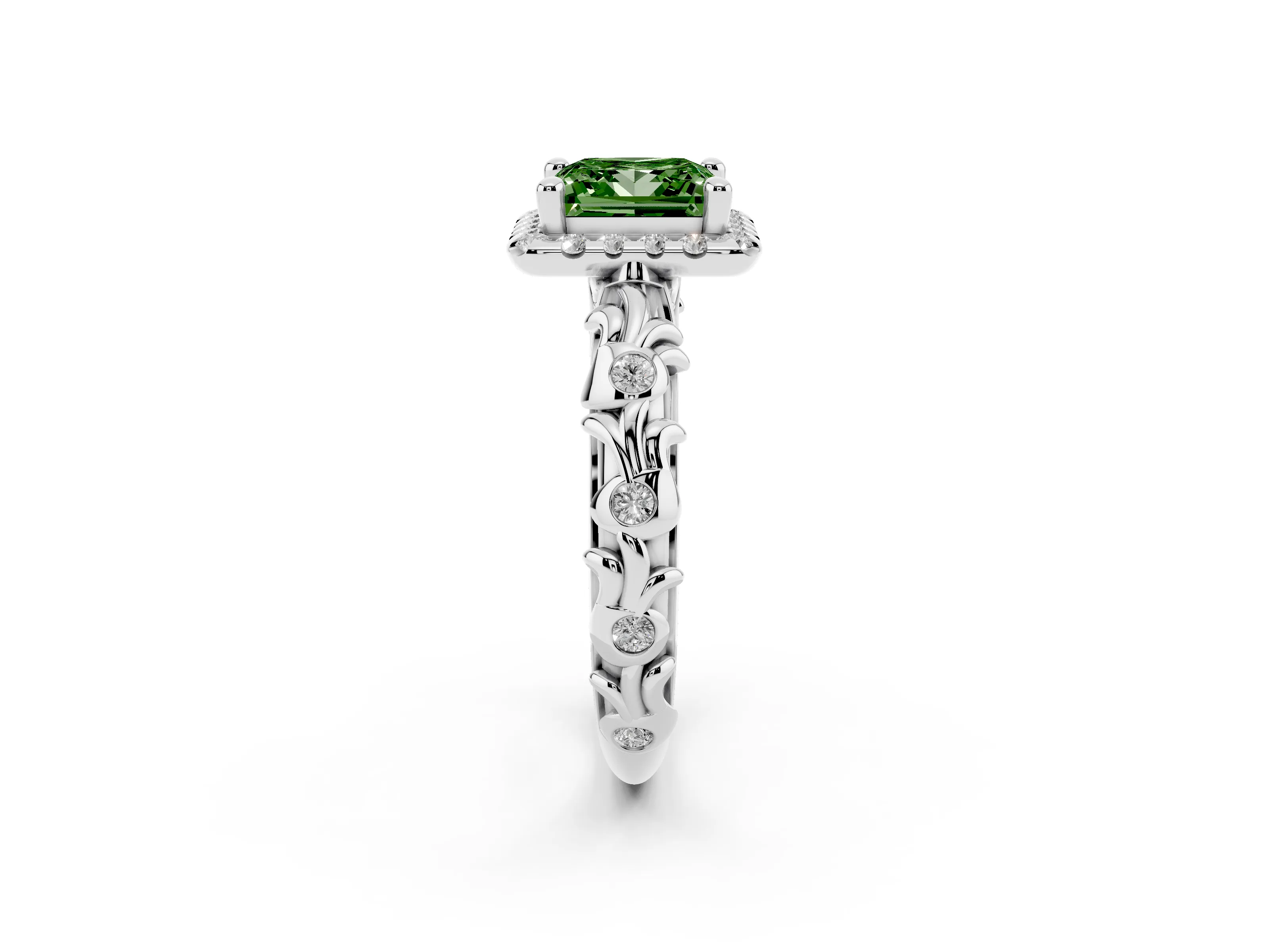 Fancy Green Princess Cut Diamond Halo Ring Set in Silver with Filigree Leaf Band and Prong Setting