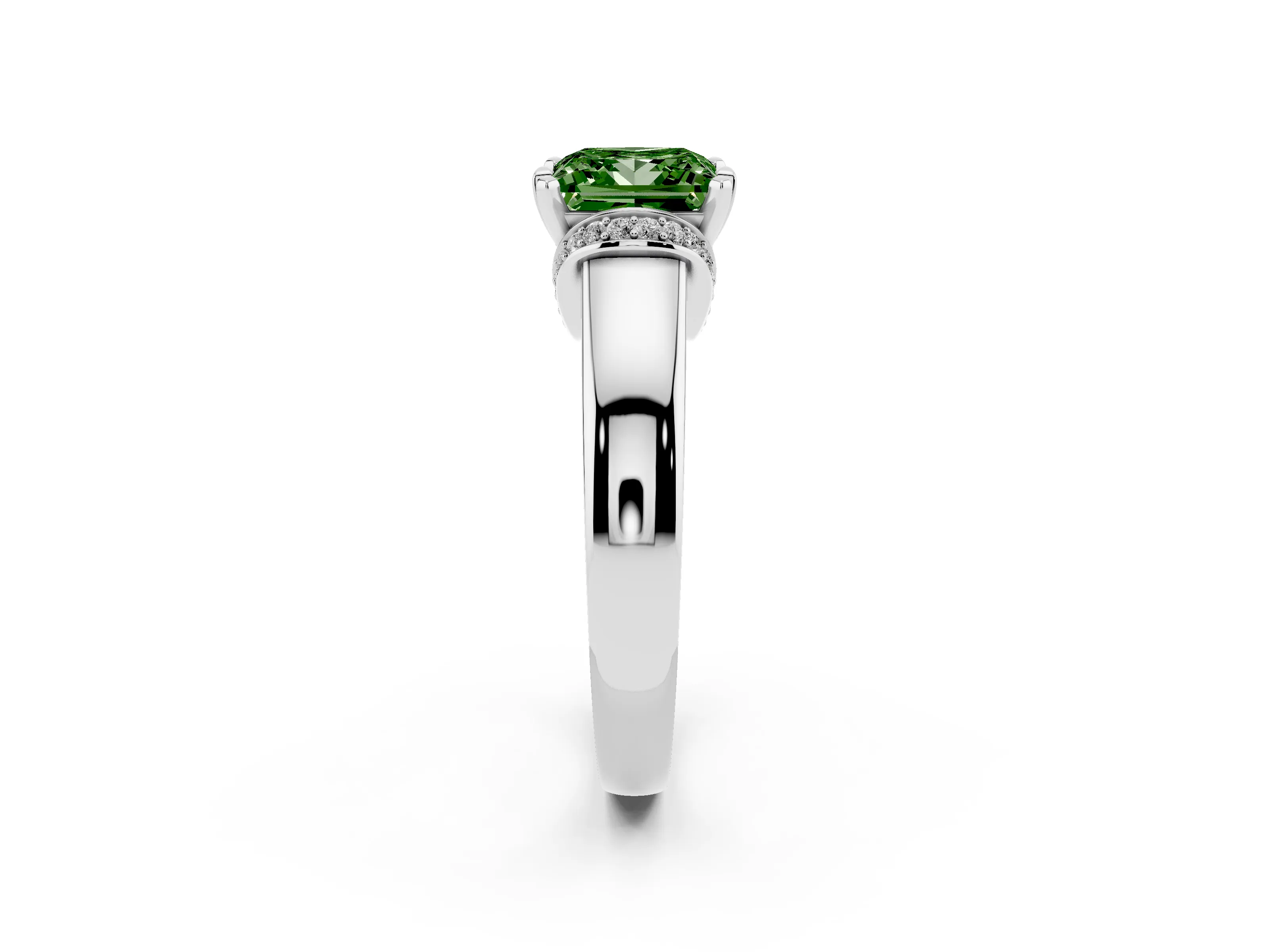 Fancy Green Princess Cut Diamond Pavé Band Solitaire Ring Set in Platinum with Prong Setting