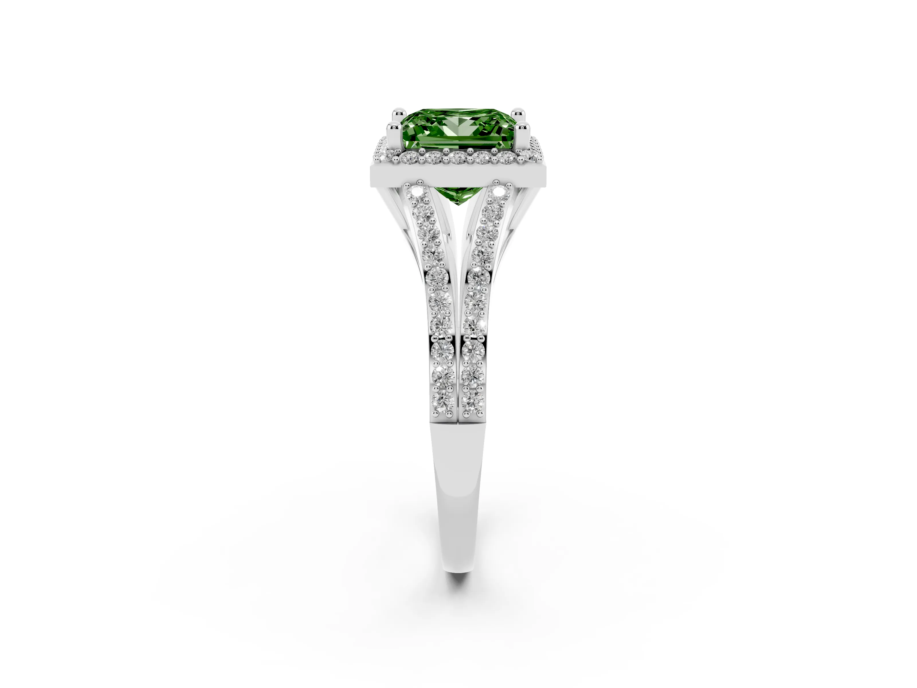 Fancy Green Princess Cut Diamond Halo Split Shank Pavé Ring Set in Silver with Prong Setting