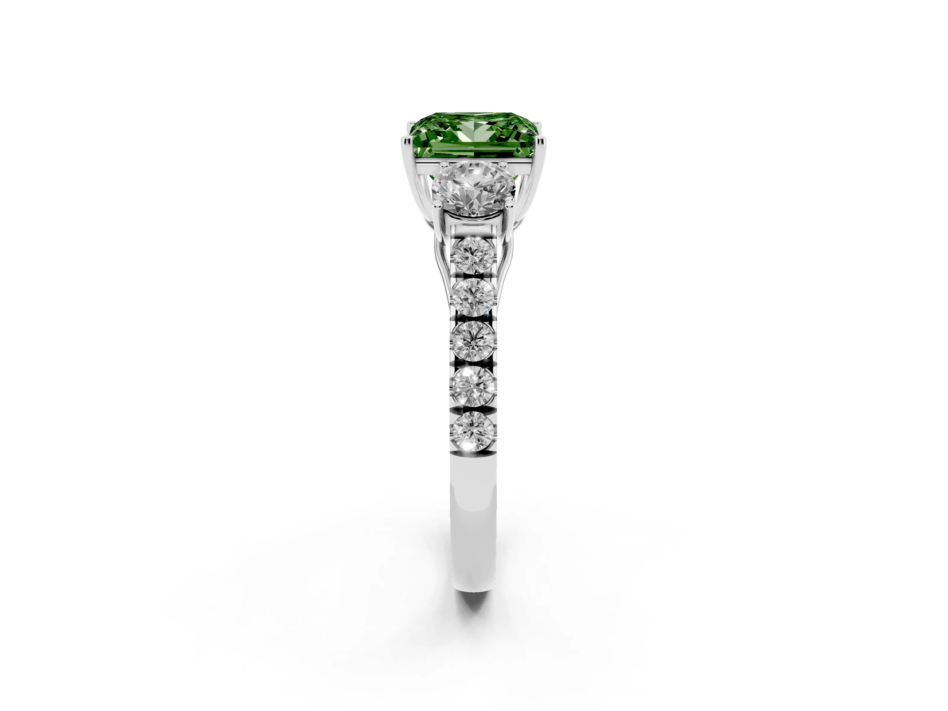Fancy Green Princess Cut Diamond Three-Stone Ring Set in Silver with Round Side Stones and Delicate Pavé Band