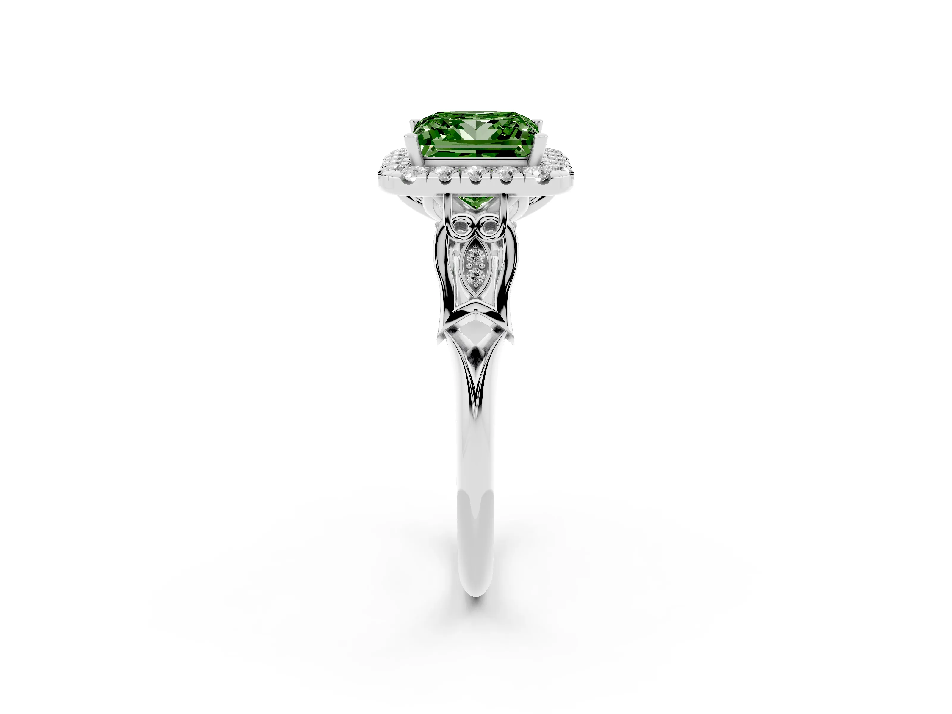 Fancy Green Princess Cut Diamond Halo Engagement Ring Set in White gold with Filigree Band and Prong-Set Center