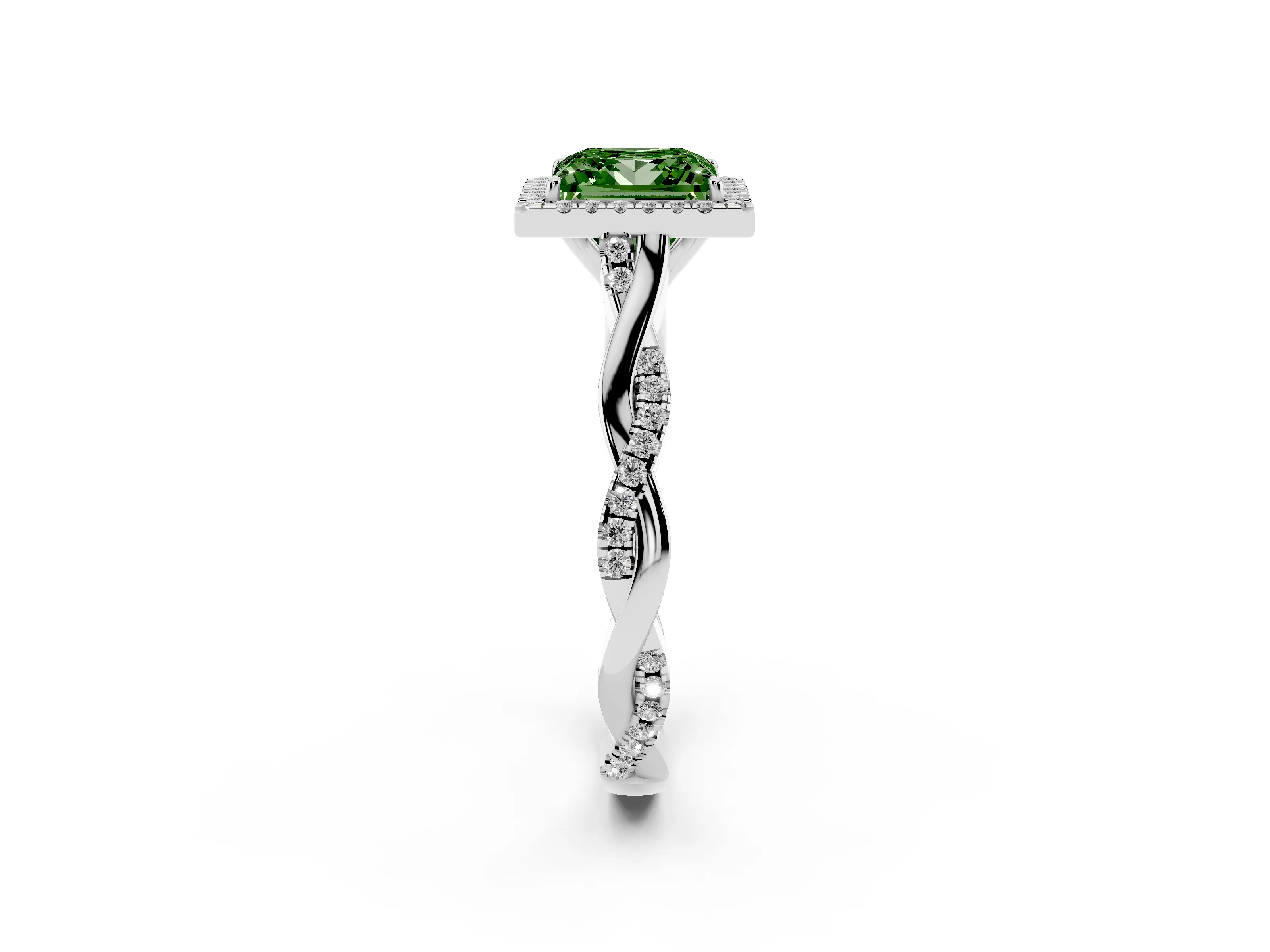 Fancy Green Princess Cut Diamond Halo Twist Band Solitaire Ring Set in Silver with Prong Setting
