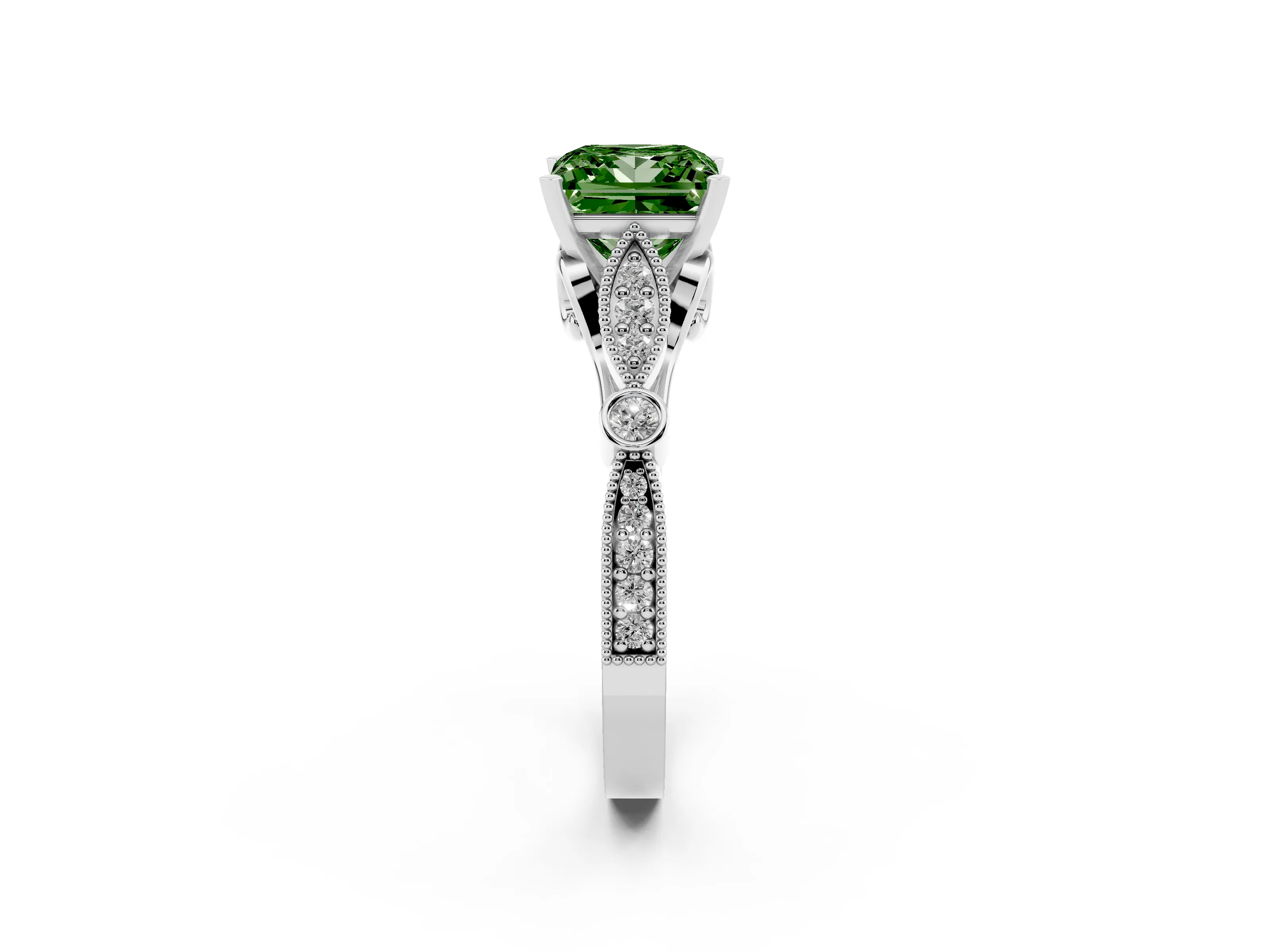 Fancy Green Princess Cut Diamond Solitaire Ring Set in Platinum with Milgrain Marquise and Bezel Accents