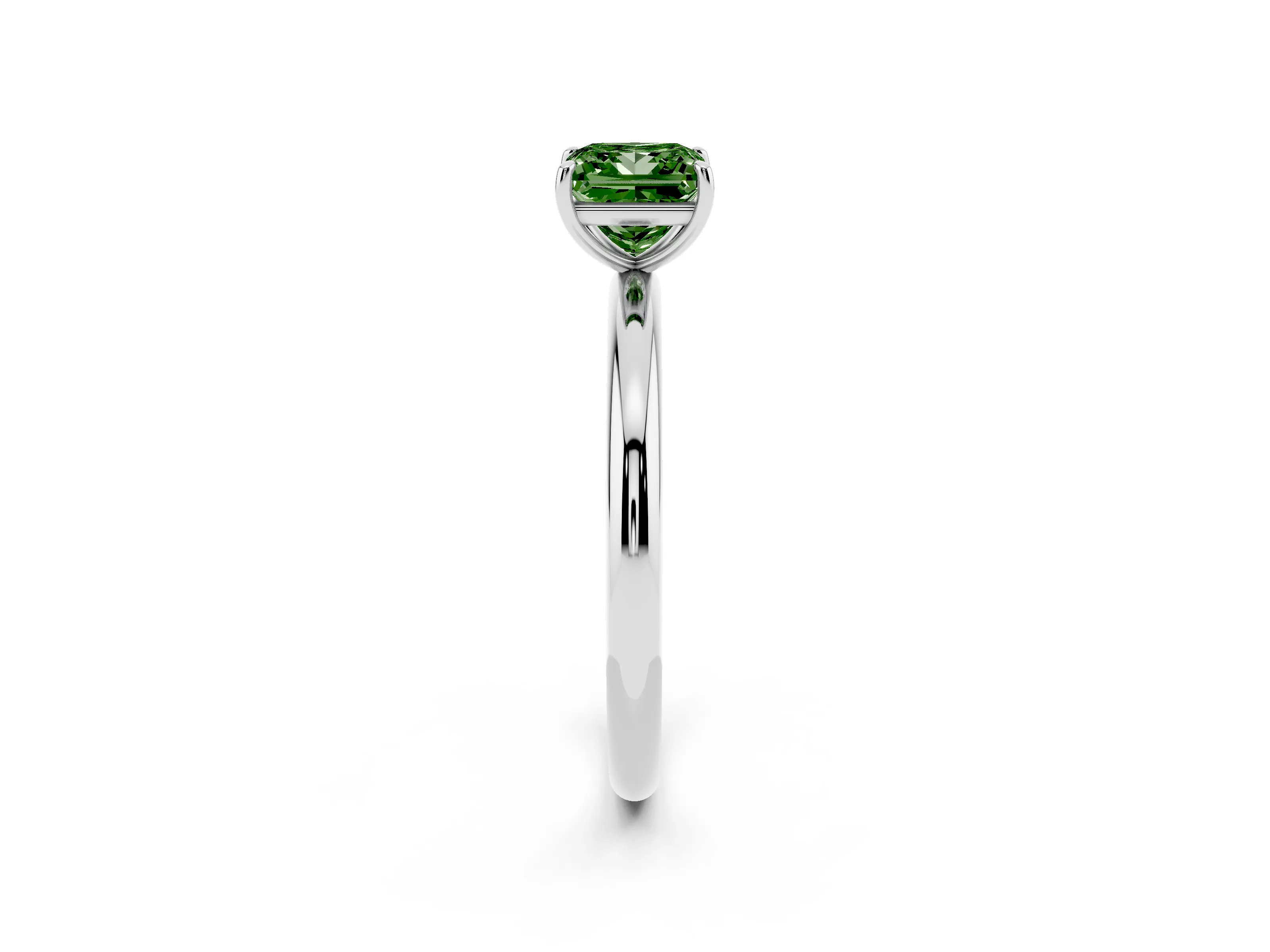 Fancy Green Princess Cut Diamond Solitaire Ring Set in Silver with Prong Setting on a Polished Plain Band