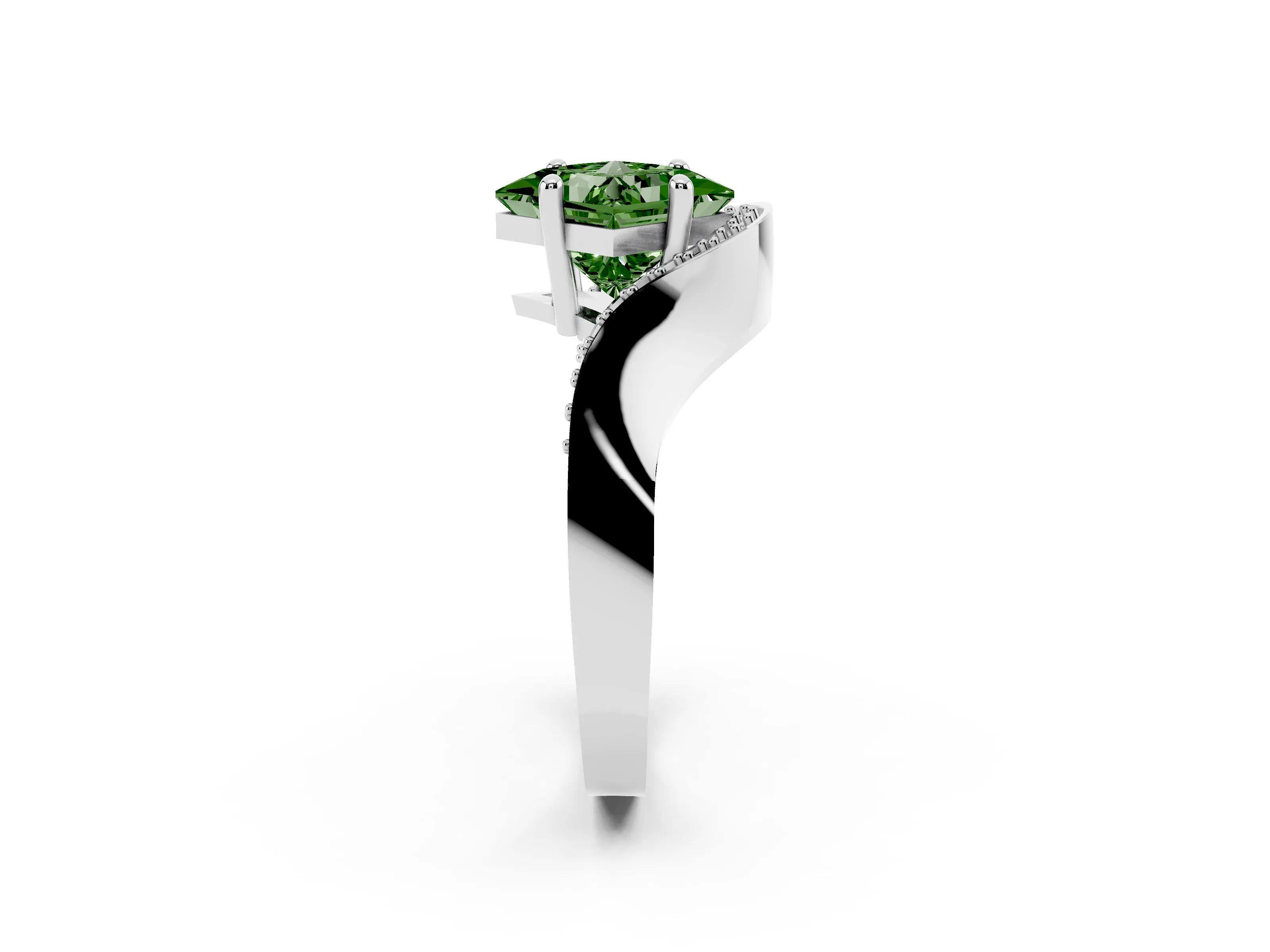 Fancy Green Princess Cut Diamond Solitaire Engagement Ring Set in Platinum with Pavé Shoulders