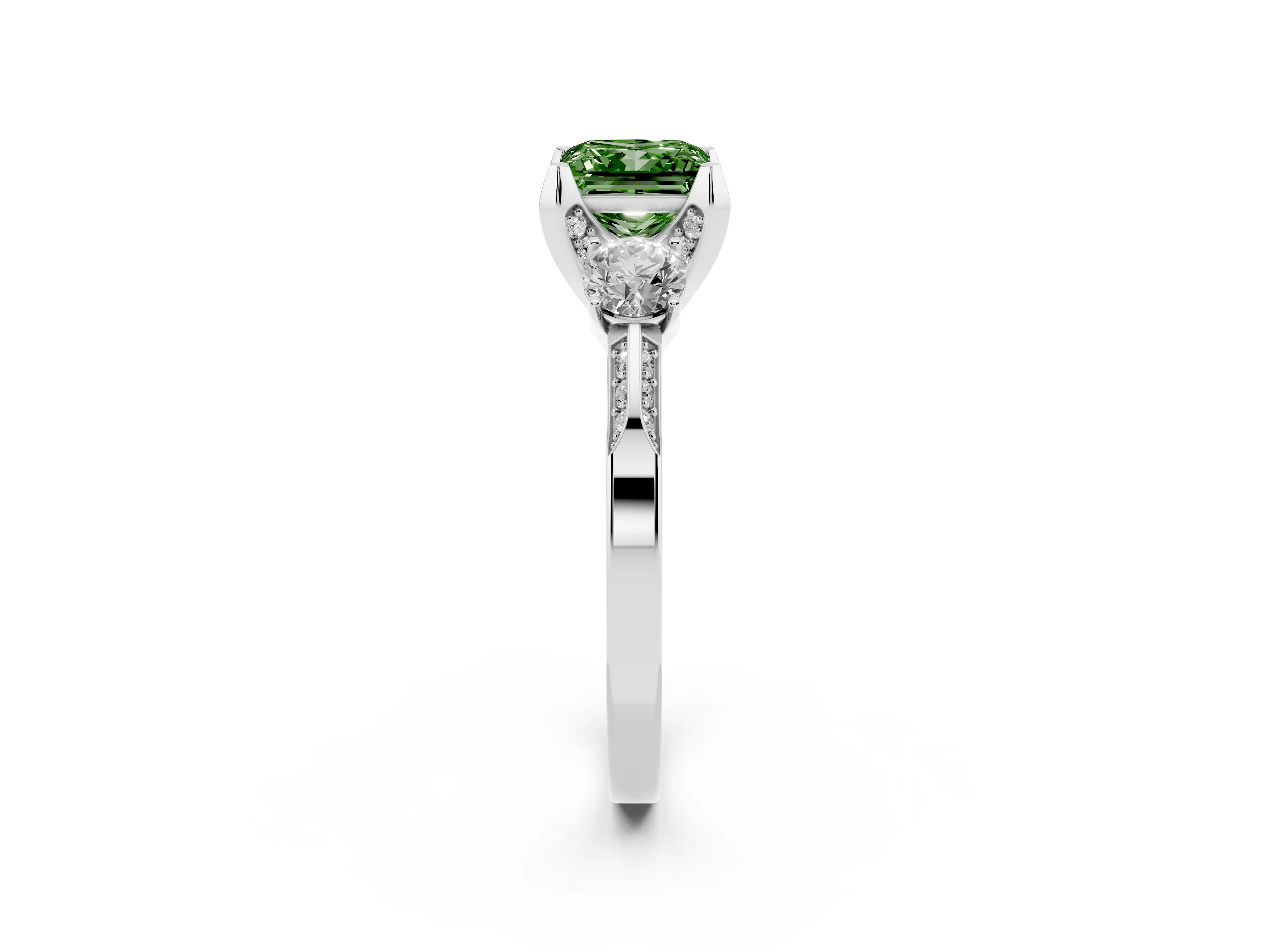 Fancy Green Princess Cut Diamond Three-Stone Ring Set in Silver with Pavé Band and Smaller Side Stones