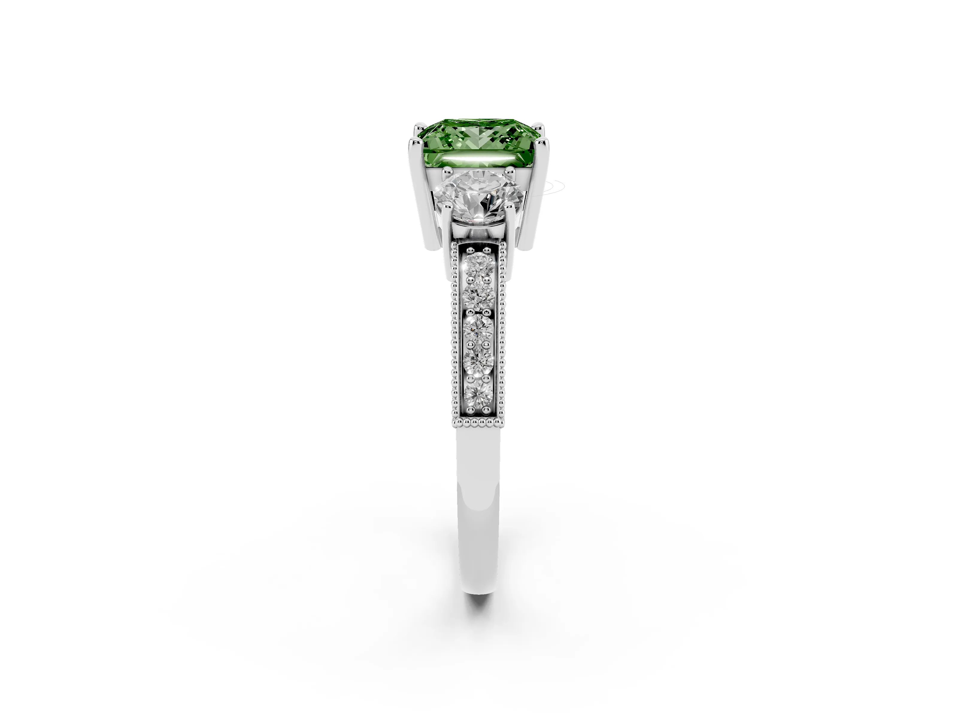 Fancy Green Princess Cut Diamond Three-Stone Ring Set in Platinum with Round Side Stones and Pavé Band