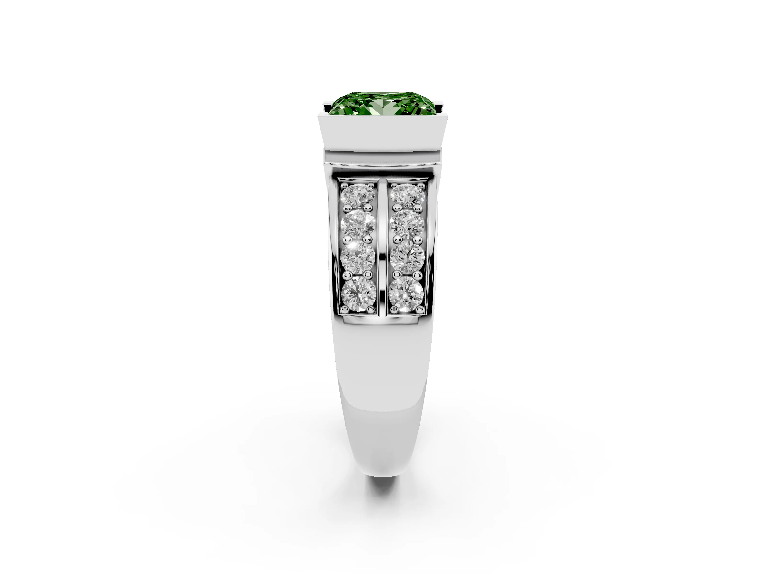 Fancy Green Princess Cut Diamond Wide Channel Set Band Ring Set in Silver with Bezel Setting