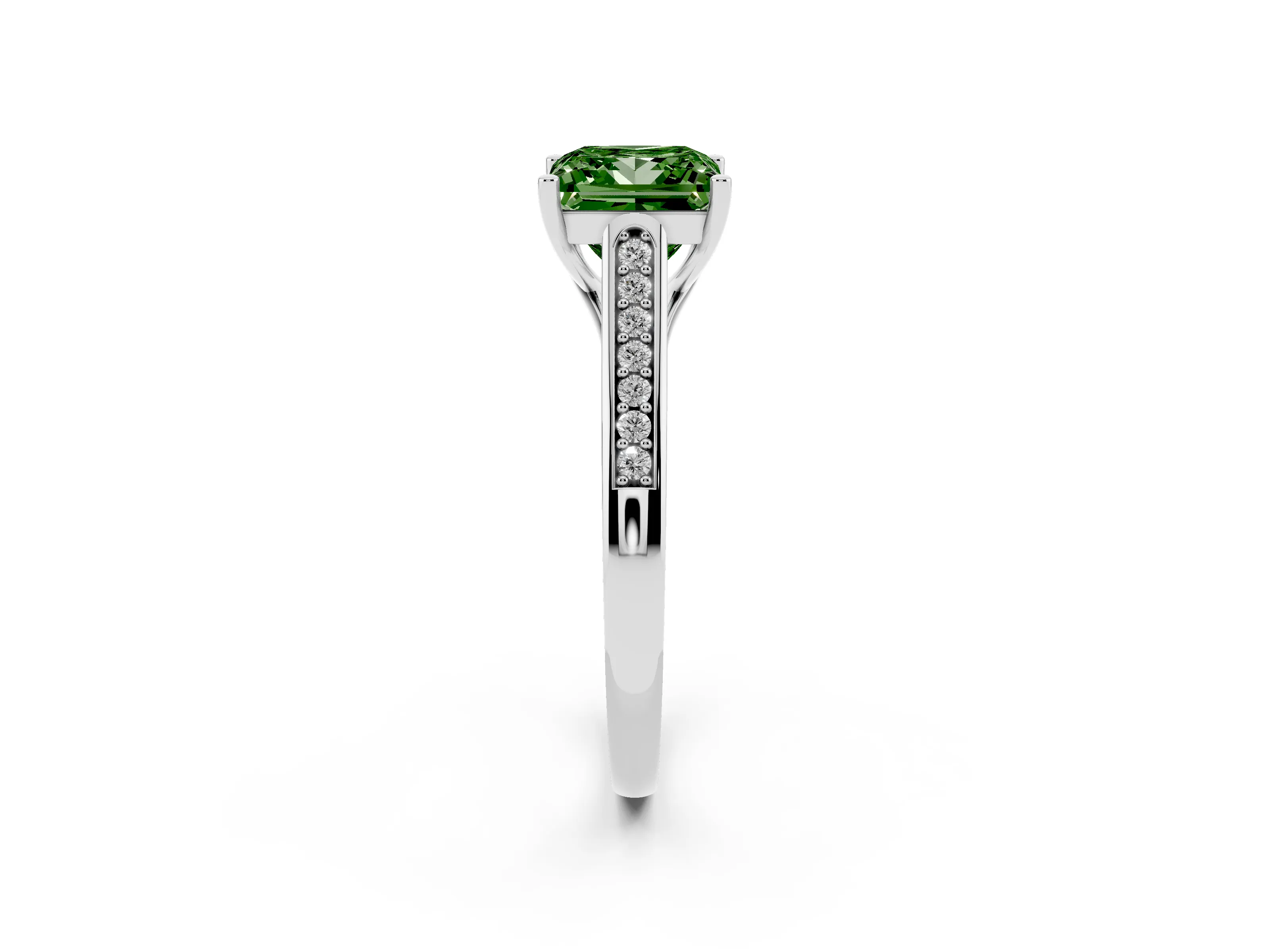 Fancy Green Princess Cut Diamond Solitaire Cathedral Engagement Ring Set in Platinum with Channel-Set Band and Prong Setting
