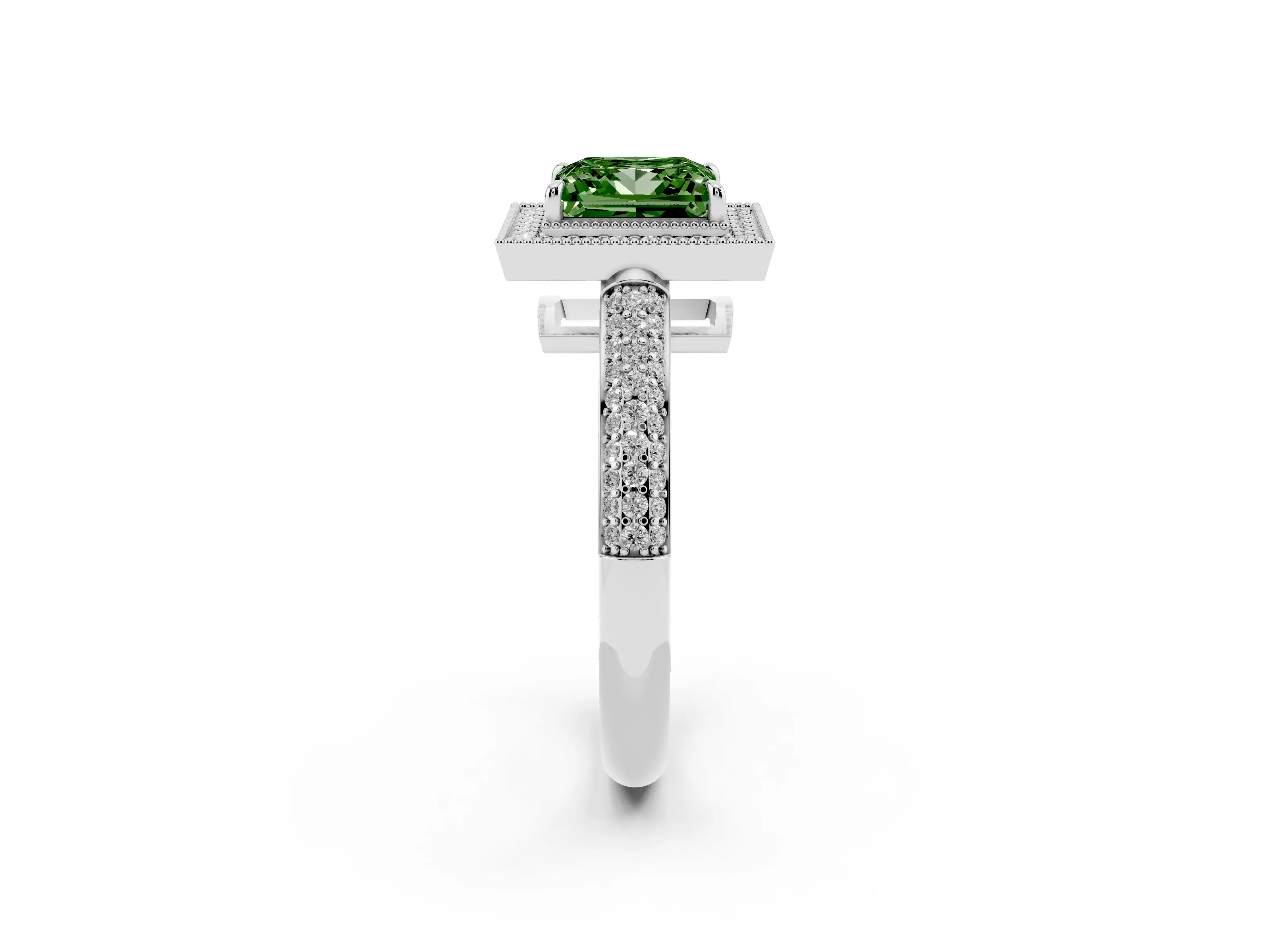 Fancy Green Princess Cut Diamond Halo Pavé Band Set in Platinum with Prong Setting