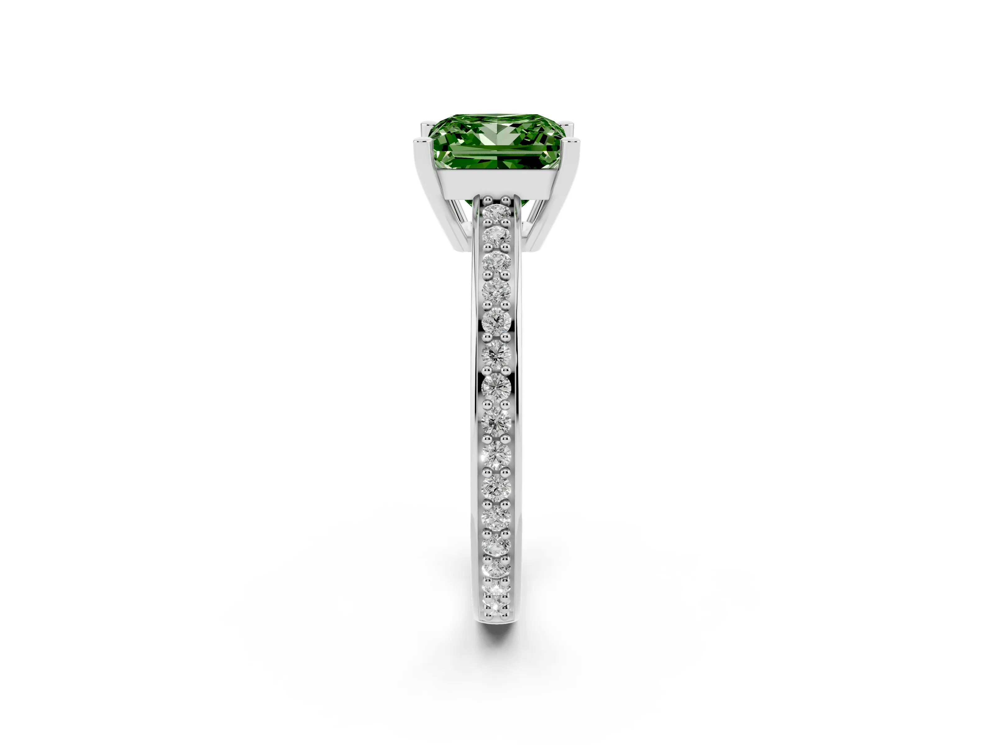 Fancy Green Princess Cut Diamond Pavé Band Prong Set Solitaire Ring Set in Silver
