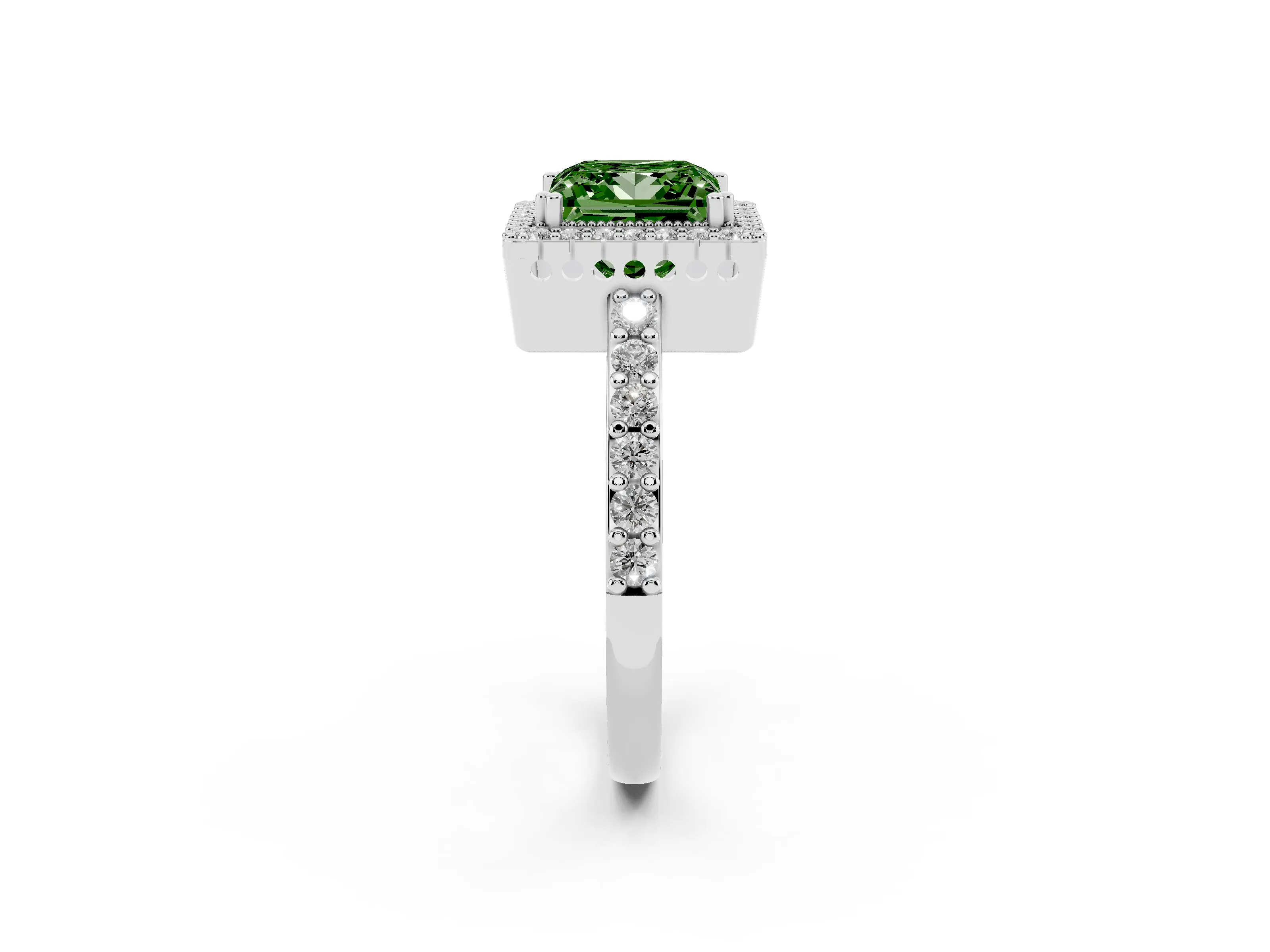 Fancy Green Princess Cut Diamond Halo Engagement Ring Set in White gold with Milgrain Detail and Pavé Band