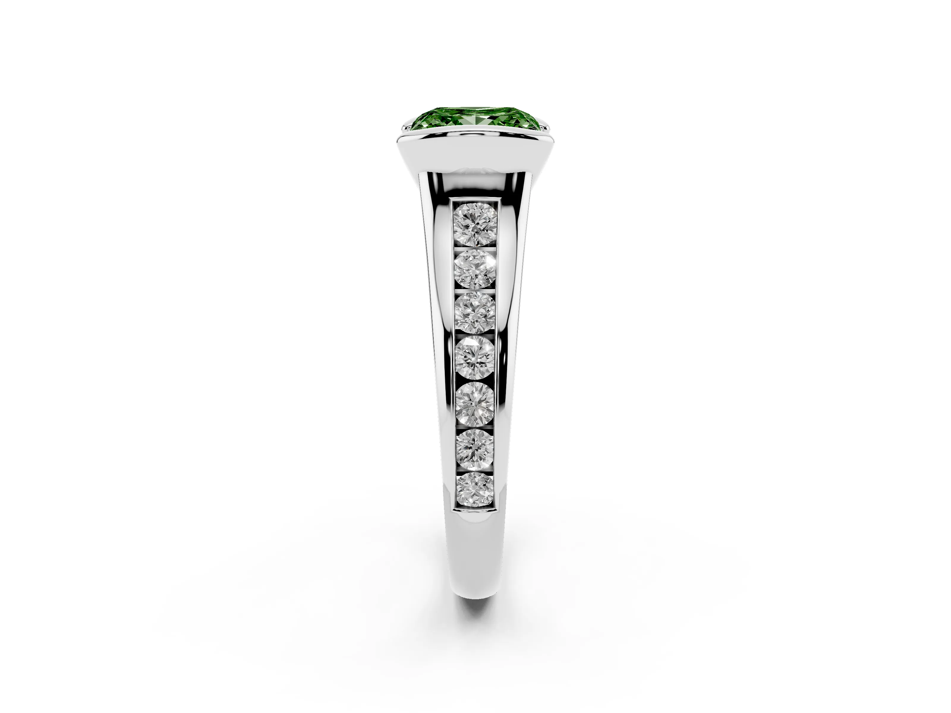 Fancy Green Princess Cut Diamond Bezel-Set Solitaire Ring Set in Silver with Channel-Set Band