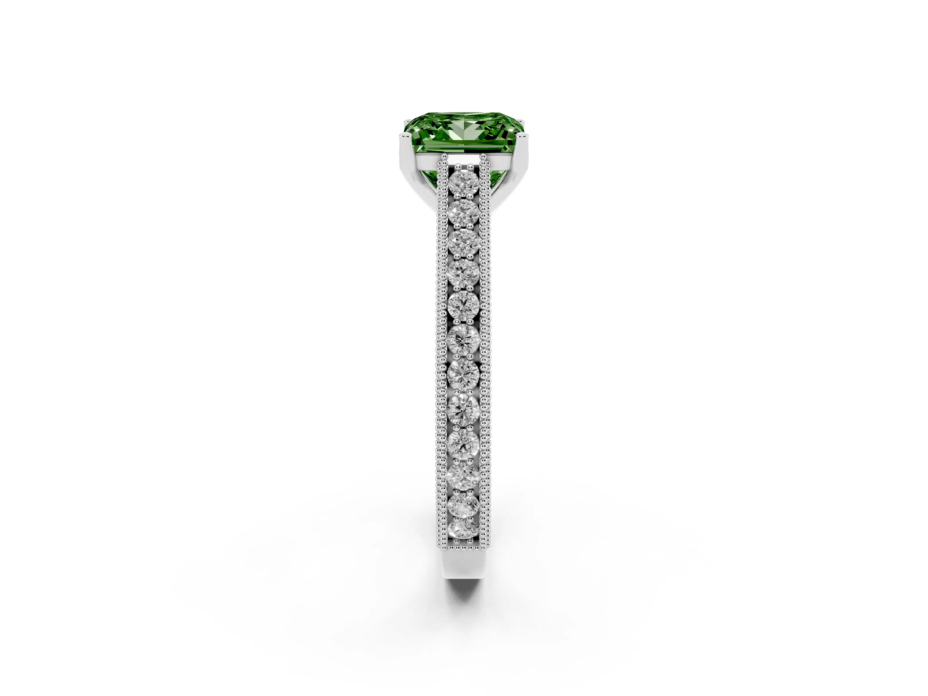 Fancy Green Princess Cut Diamond Milgrain Pavé Band Solitaire Ring Set in Platinum with Prong Setting