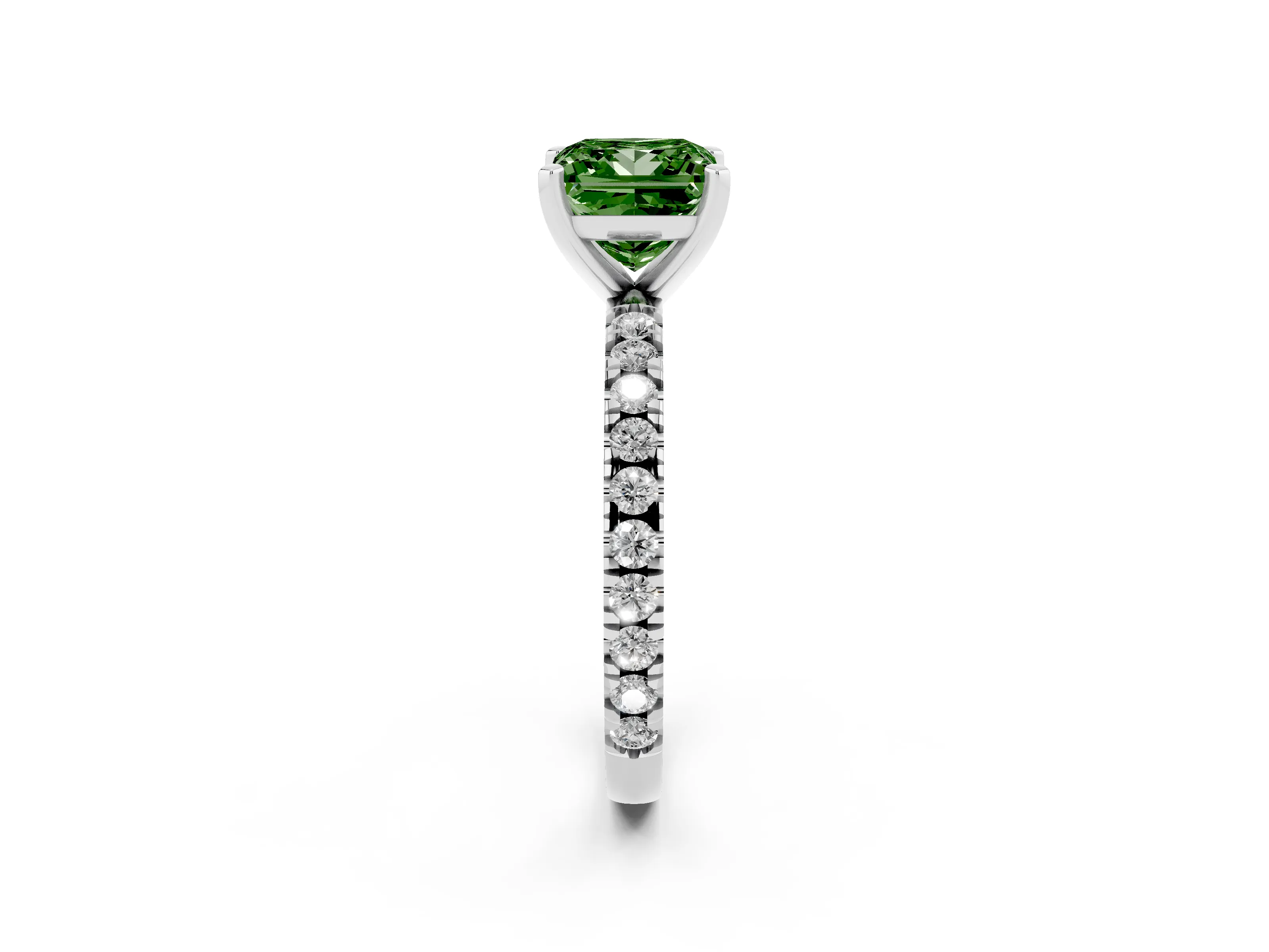 Fancy Green Princess Cut Diamond Pavé Band Solitaire Set in White gold with Prong Setting
