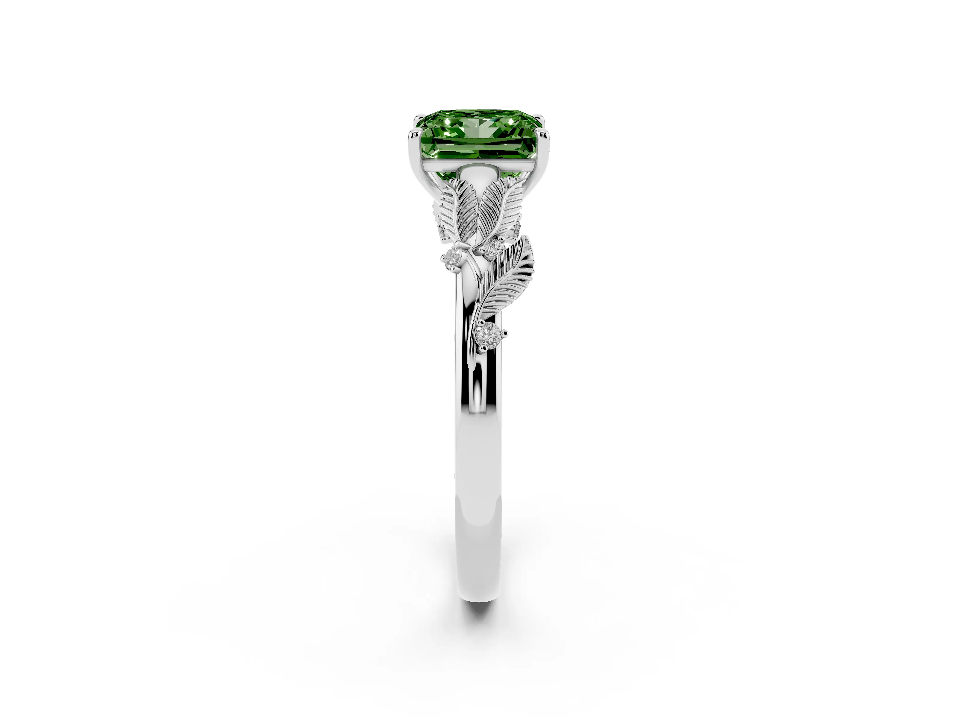 Fancy Green Princess Cut Diamond Solitaire Ring Set in Silver with Leaf Motif Band