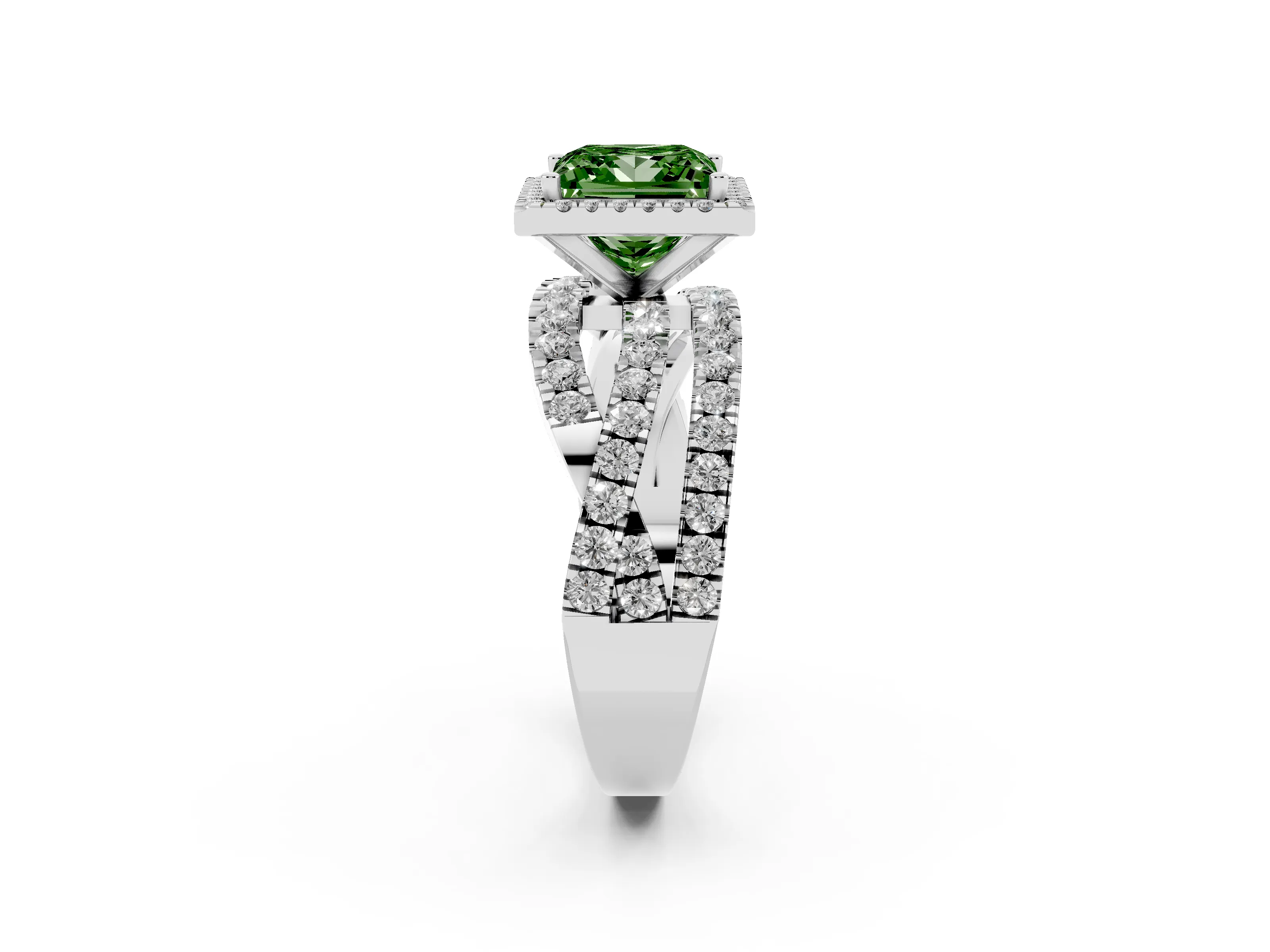 Fancy Green Princess Cut Diamond Halo Ring Set in White gold with Round Crossover Split Shank and Prong Setting