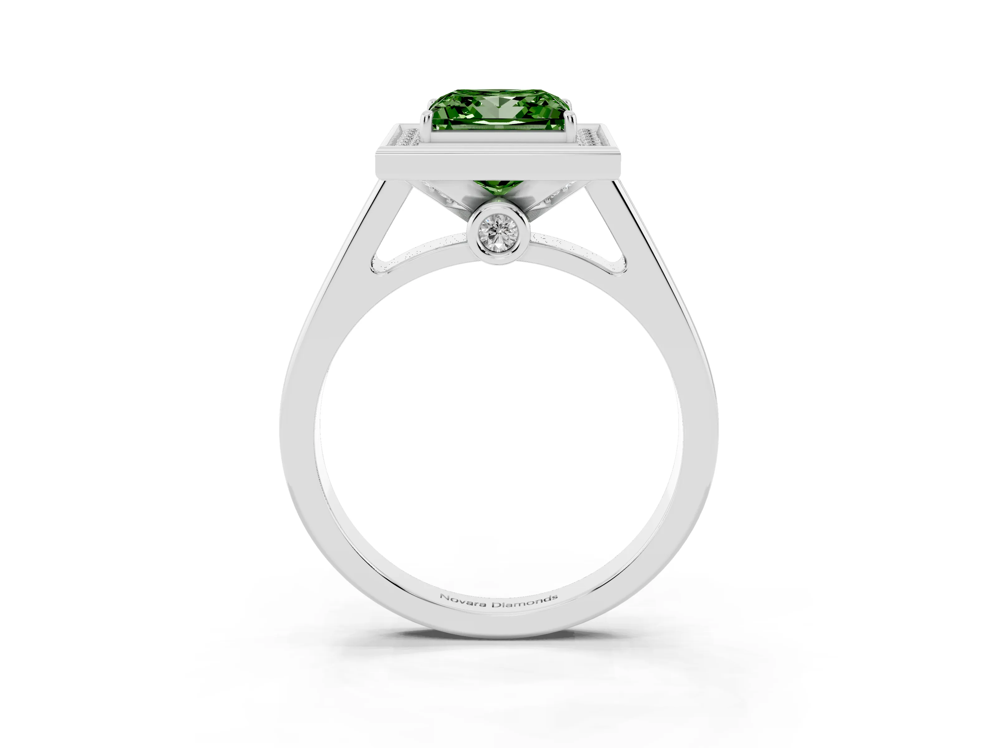 Fancy Green Princess Cut Diamond Halo Solitaire Ring Set in Platinum with Pavé Band and Bezel Setting