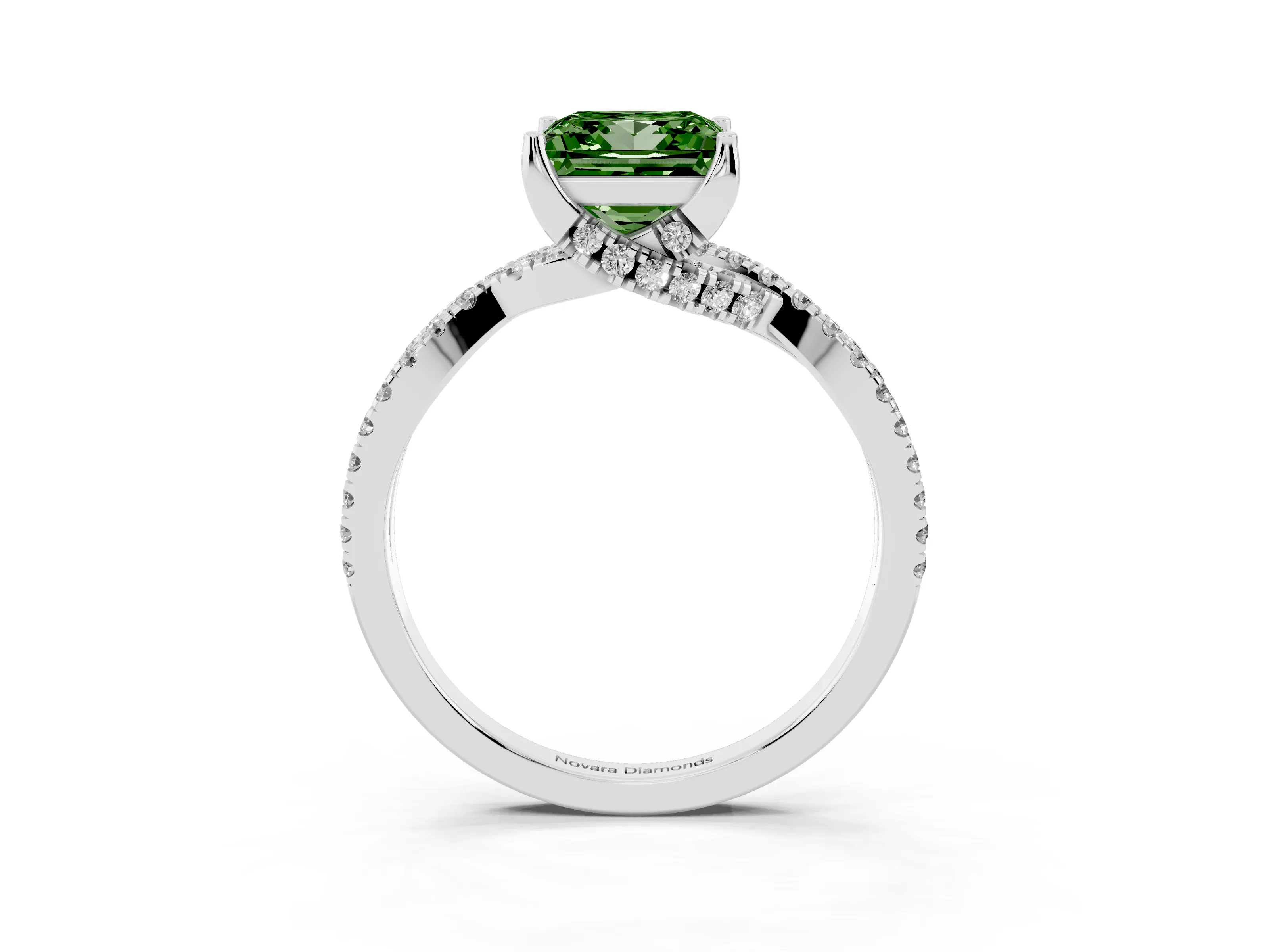 Fancy Green Princess Cut Diamond Twist Pavé Solitaire Engagement Ring Set in Silver with Prong Setting