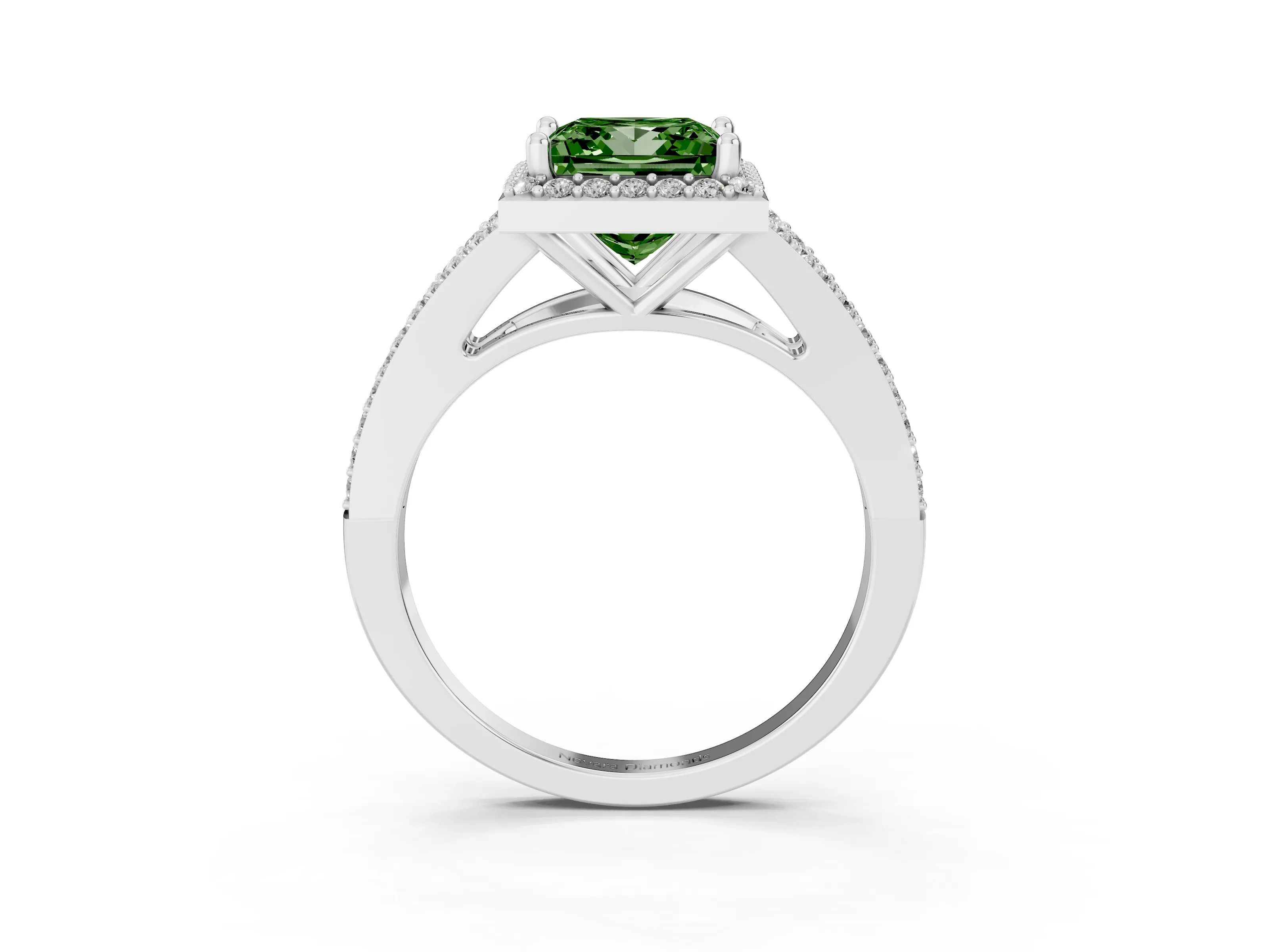 Fancy Green Princess Cut Diamond Halo Split Shank Pavé Ring Set in Silver with Prong Setting