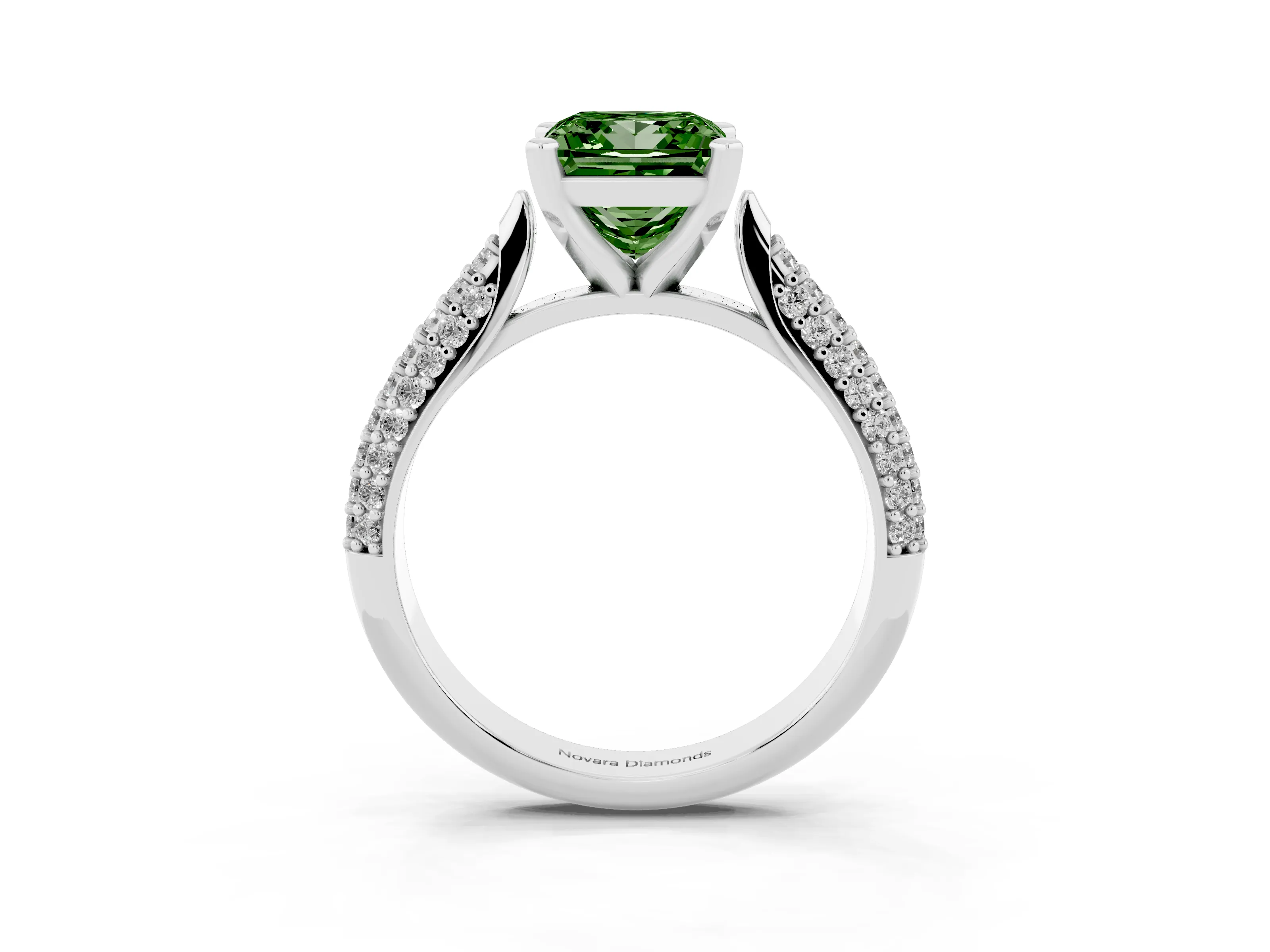 Fancy Green Princess Cut Diamond Solitaire Engagement Ring Set in Platinum with Multi-Row Round Pavé Band and Prong Setting