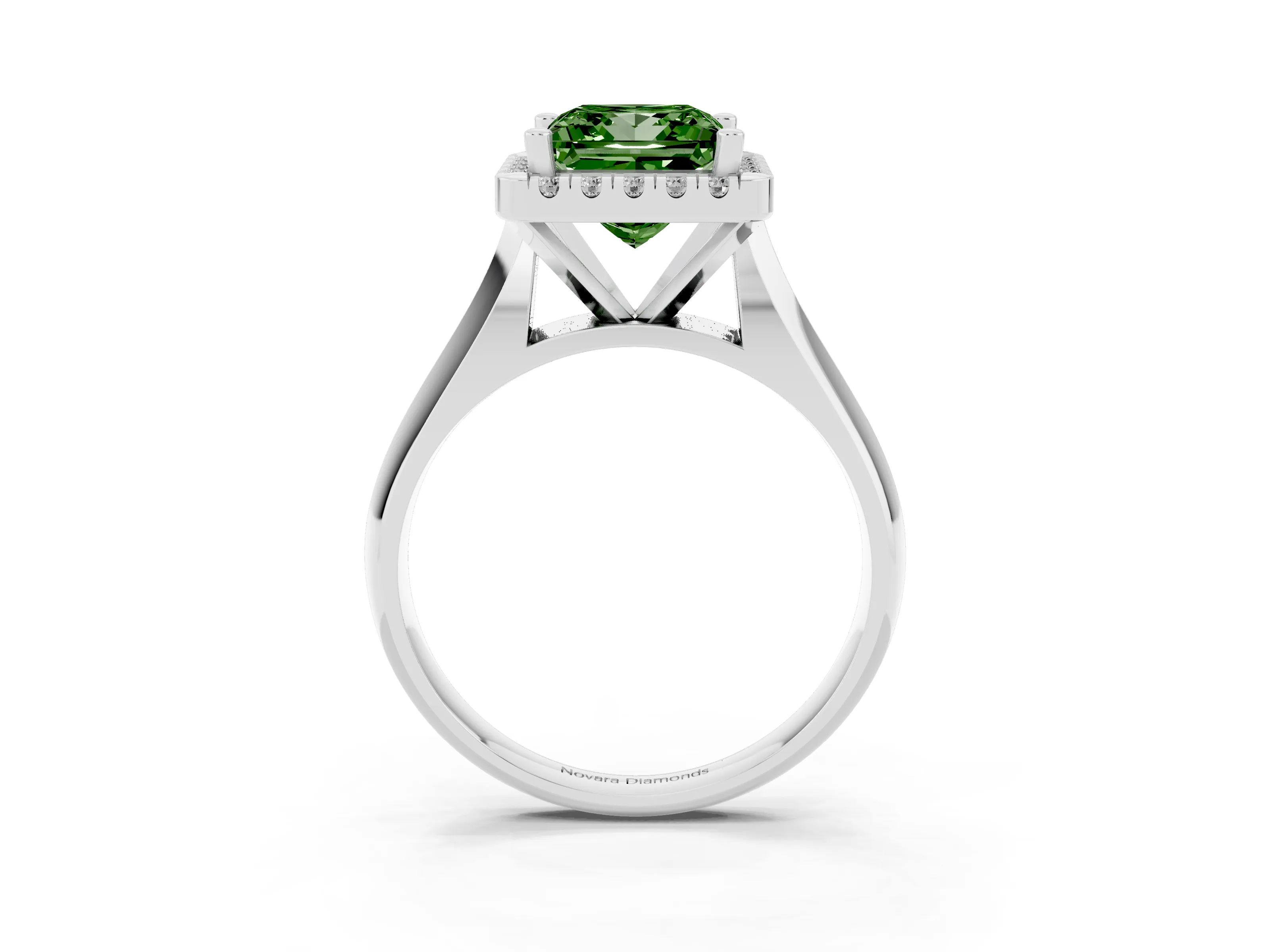 Fancy Green Princess Cut Diamond Halo Solitaire Engagement Ring Set in White gold with Square Band and Prong Setting