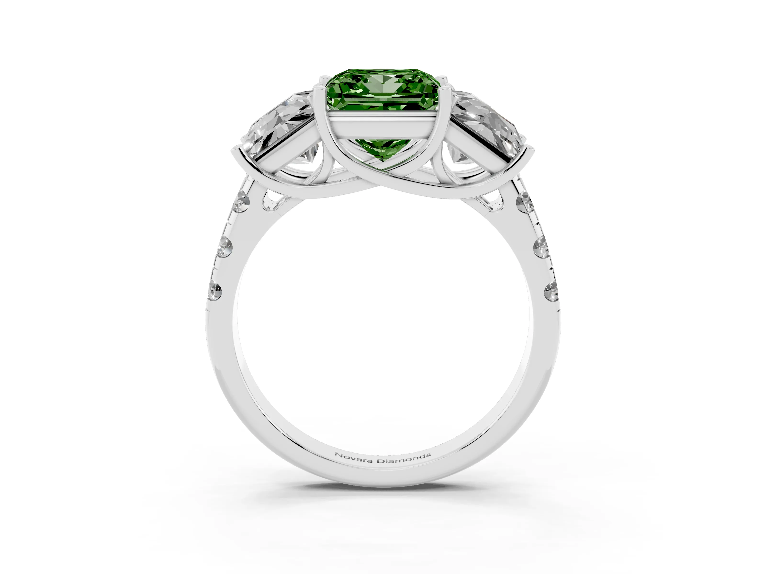 Fancy Green Princess Cut Diamond Three-Stone Ring Set in Silver with Pavé Band