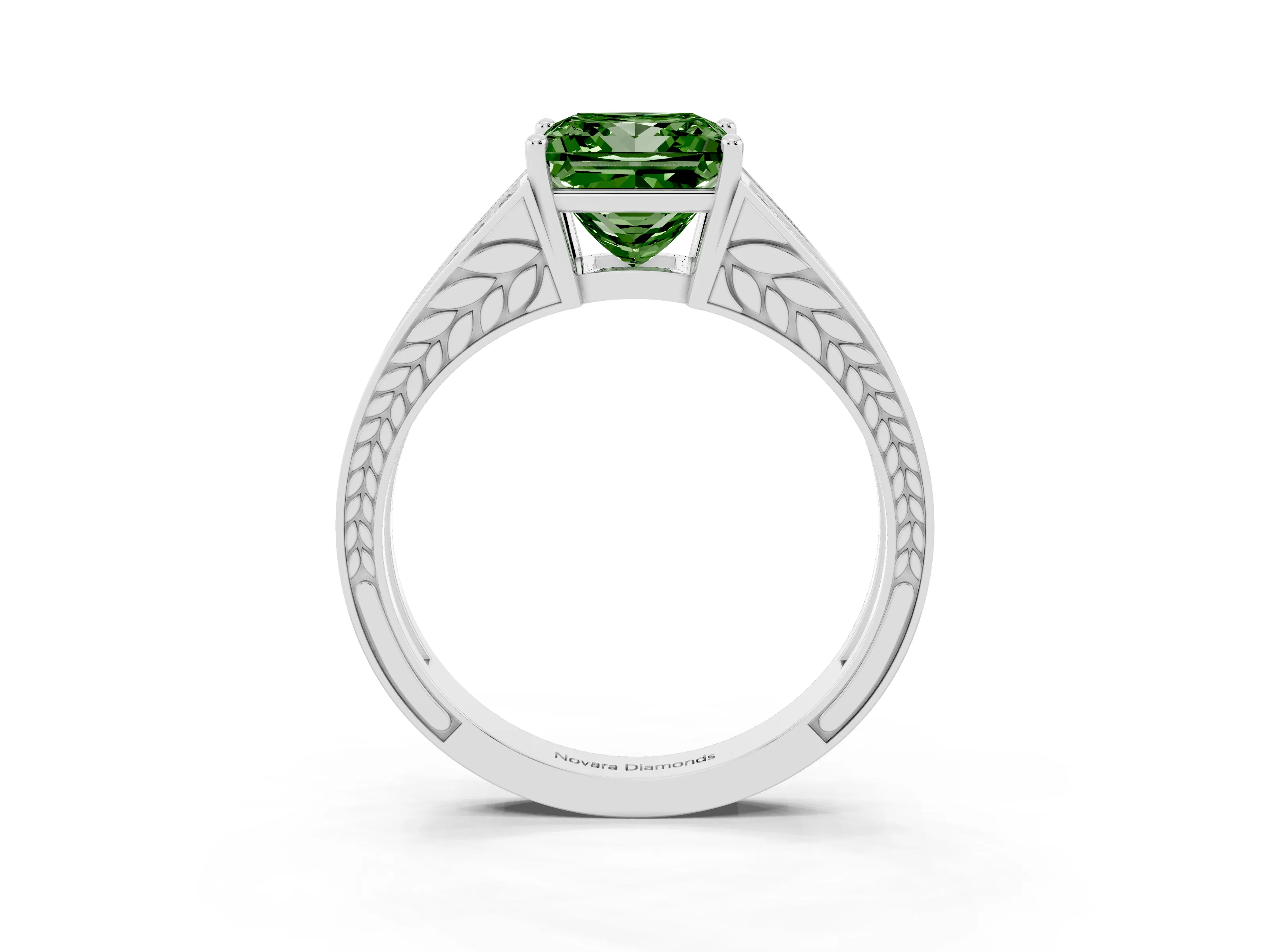 Fancy Green Princess Cut Diamond Split Shank Ring Set in White gold with Pavé Band and Prong Setting