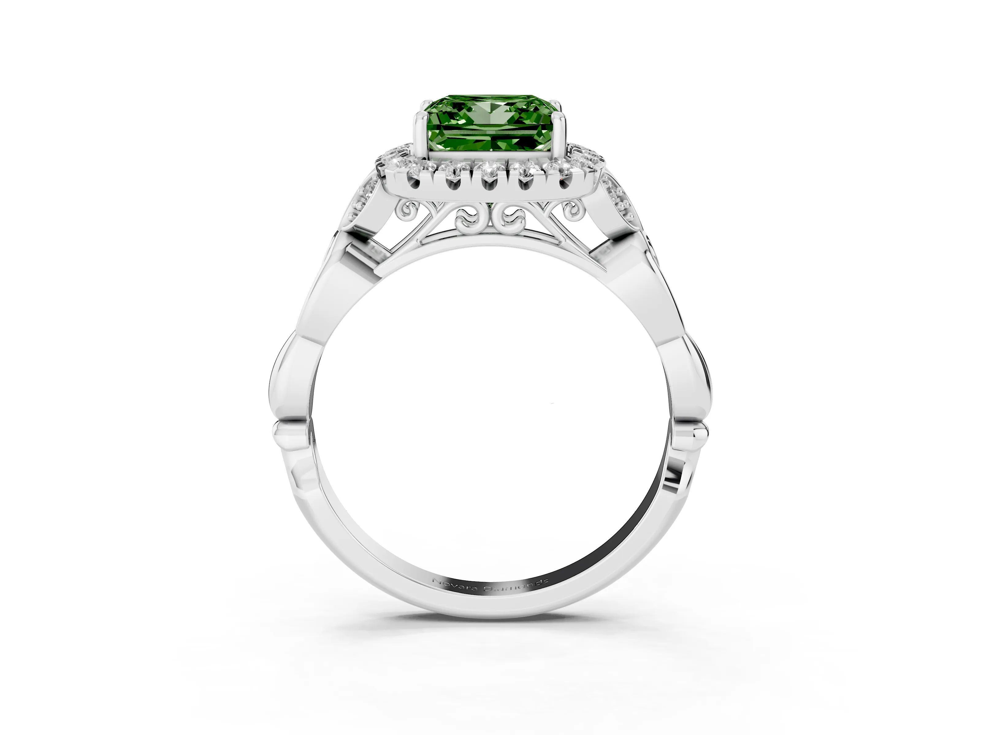 Fancy Green Princess Cut Diamond Halo Engagement Ring Set in Silver with Vintage-Inspired Band and Prong Setting
