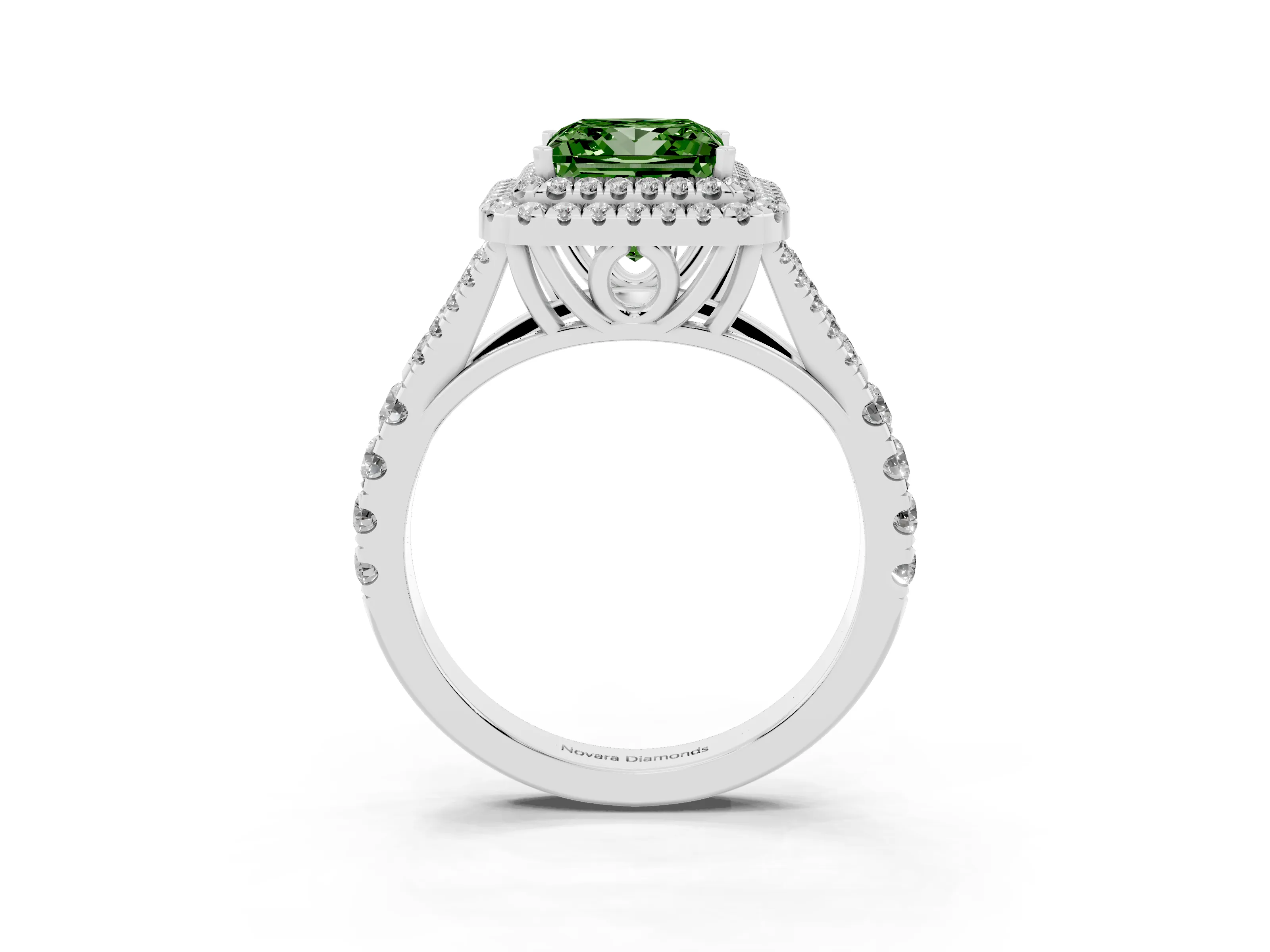 Fancy Green Princess Cut Diamond Pavé Split Shank Double Halo Engagement Ring Set in Platinum