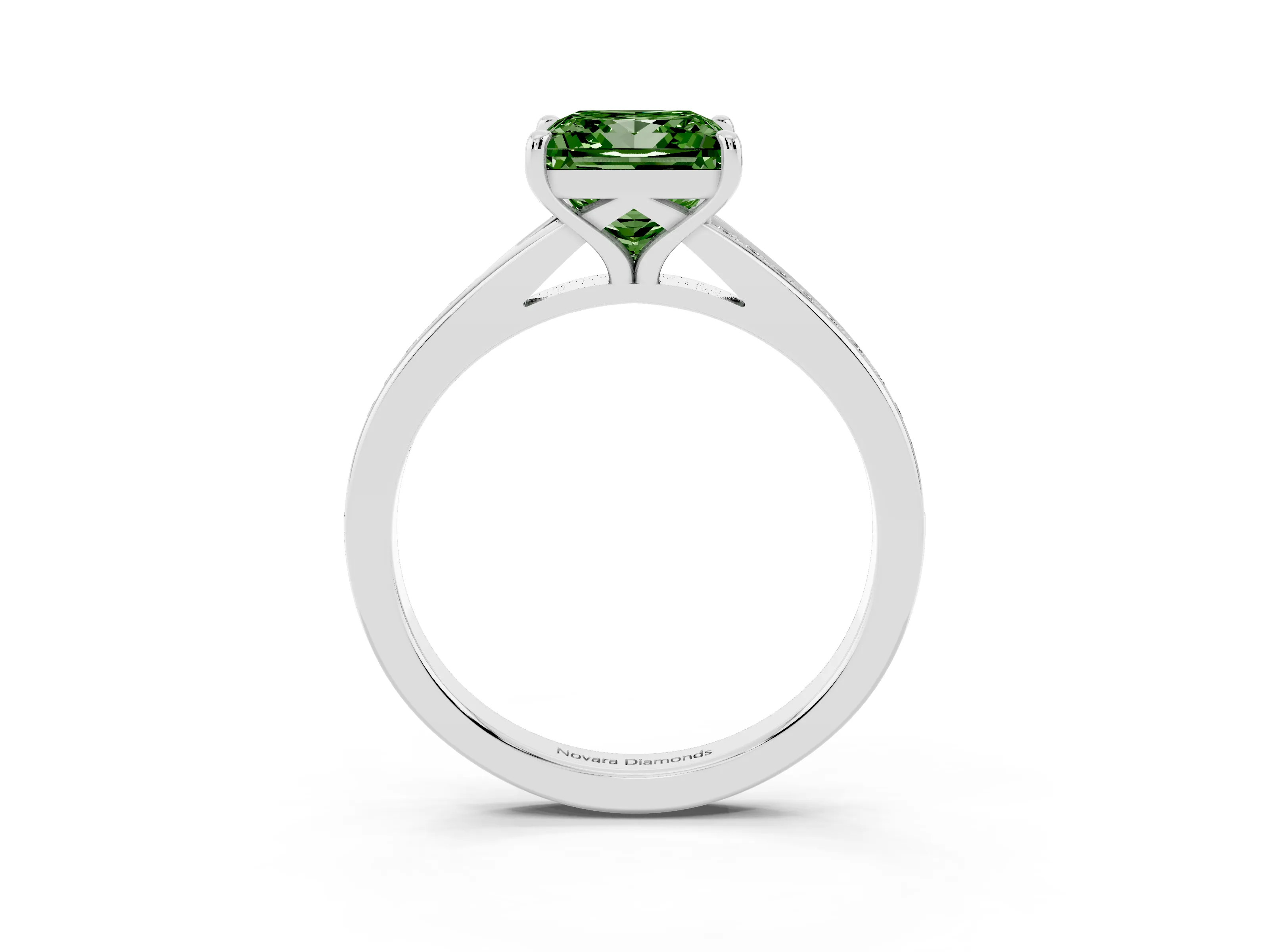 Fancy Green Princess Cut Diamond Solitaire Ring Set in Silver with Pavé Accent Band and Classic Prong Setting