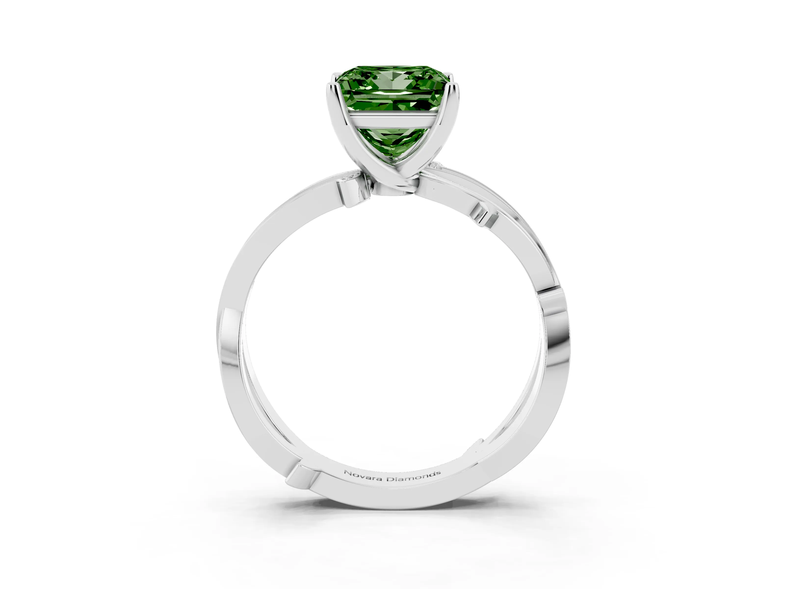Fancy Green Princess Cut Diamond Pavé Twist Band Solitaire Ring Set in Silver with Prong Setting