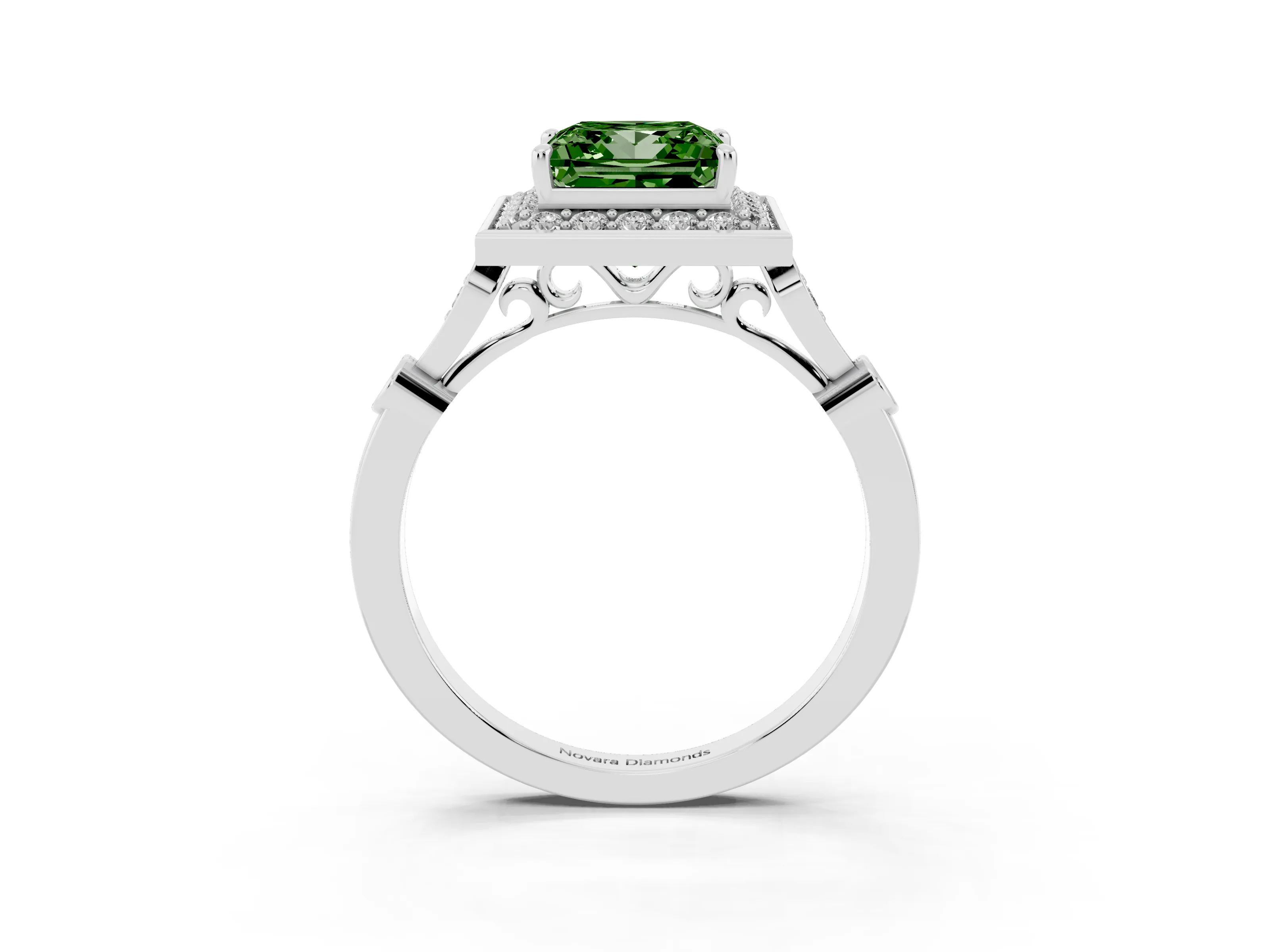 Fancy Green Princess Cut Diamond Halo Engagement Ring Set in Platinum with Twisted Band and Prong Setting