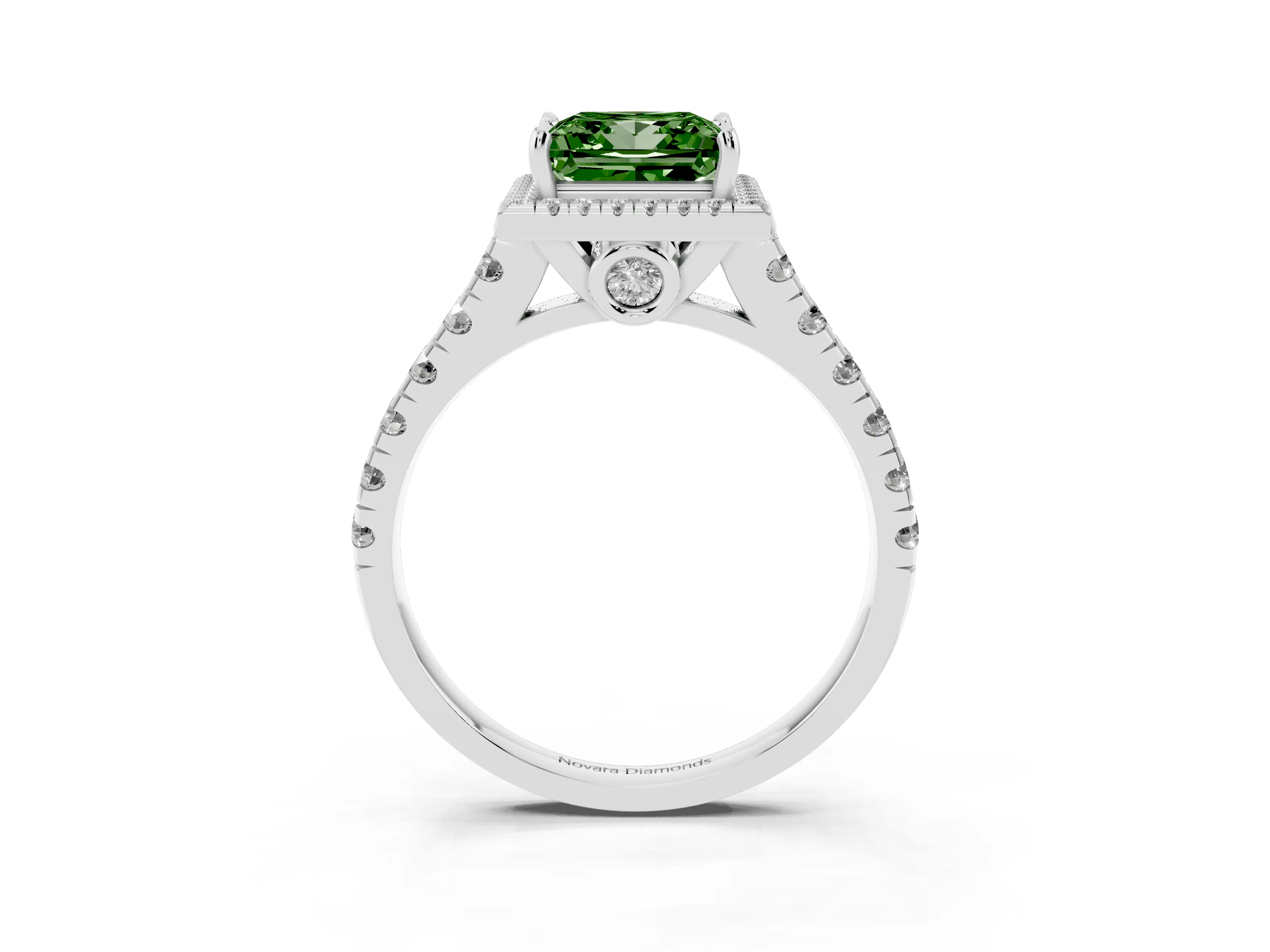 Fancy Green Princess Cut Diamond Halo Engagement Ring Set in Platinum with Pavé Band and Prong-Set Center