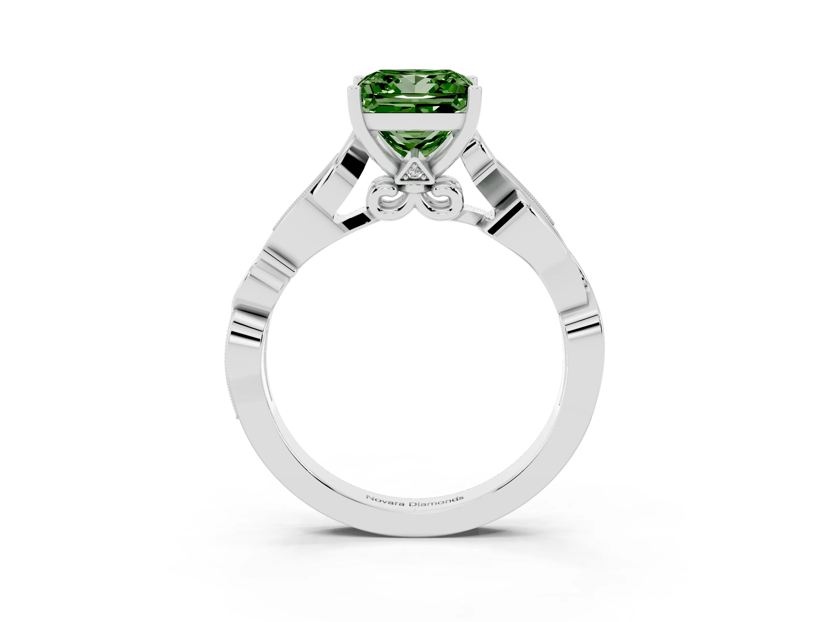Fancy Green Princess Cut Diamond Vine Band Solitaire Ring Set in White gold with Milgrain Prong Setting