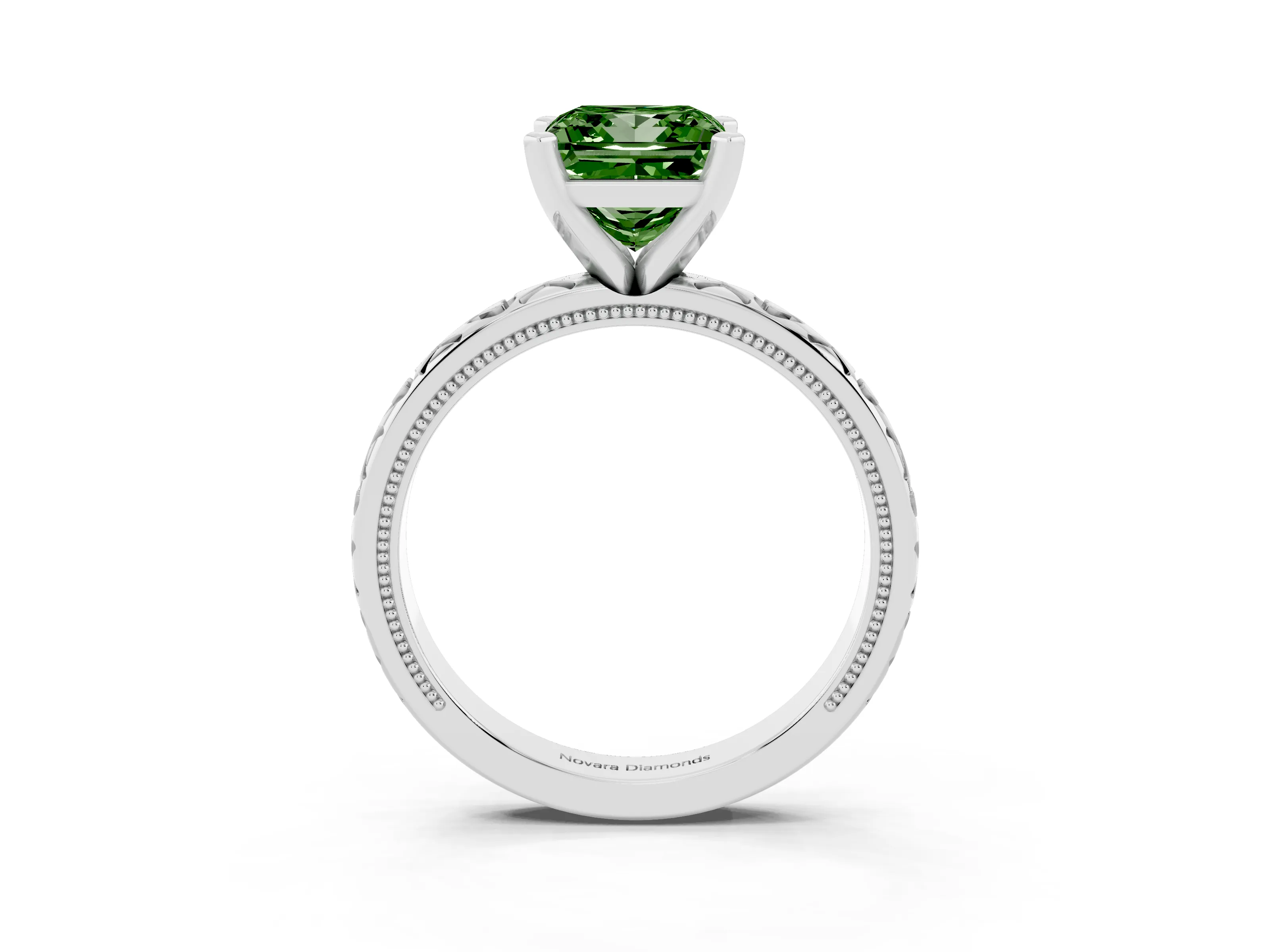 Fancy Green Princess Cut Diamond Solitaire Engagement Ring Set in White gold with XO Engraved Band and Prong Setting