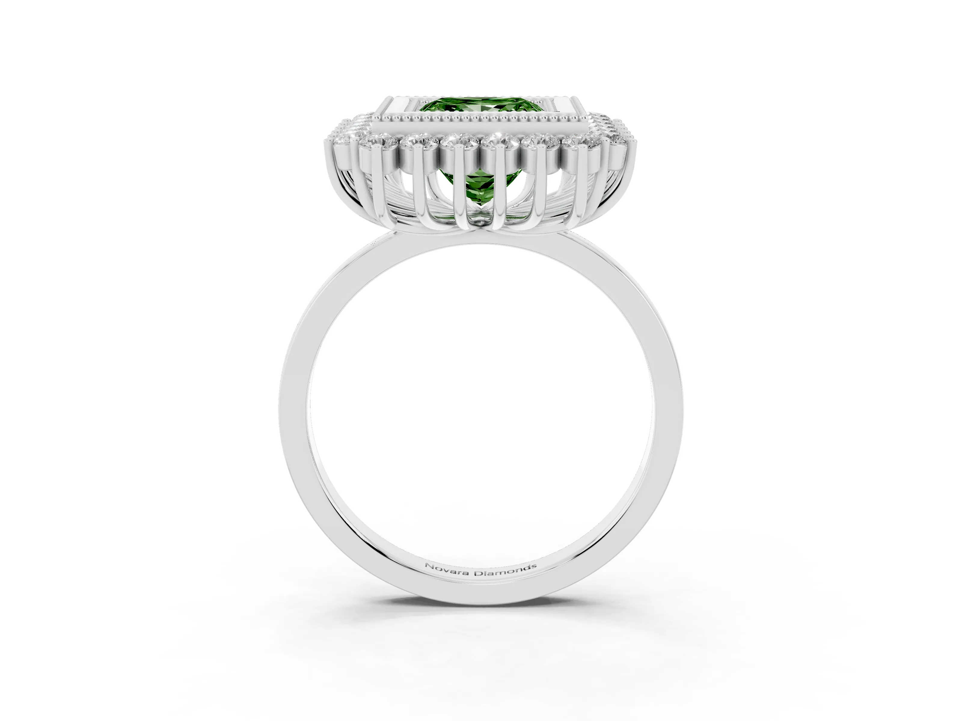 Fancy Green Princess Cut Diamond Halo Ring Set in Platinum with Milgrain Edge and Round Prong Setting