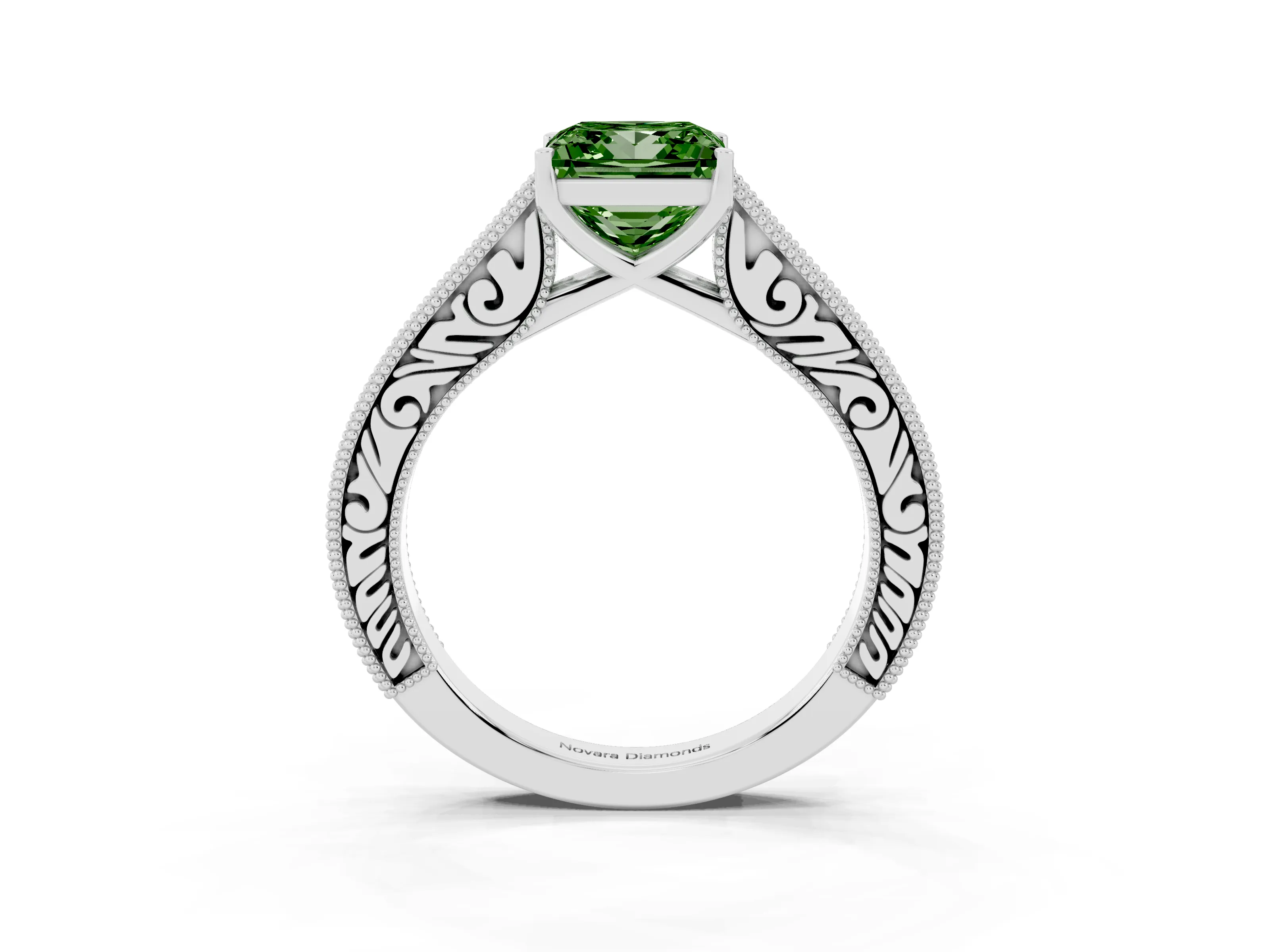 Fancy Green Princess Cut Diamond Milgrain Pavé Band Solitaire Ring Set in Platinum with Prong Setting