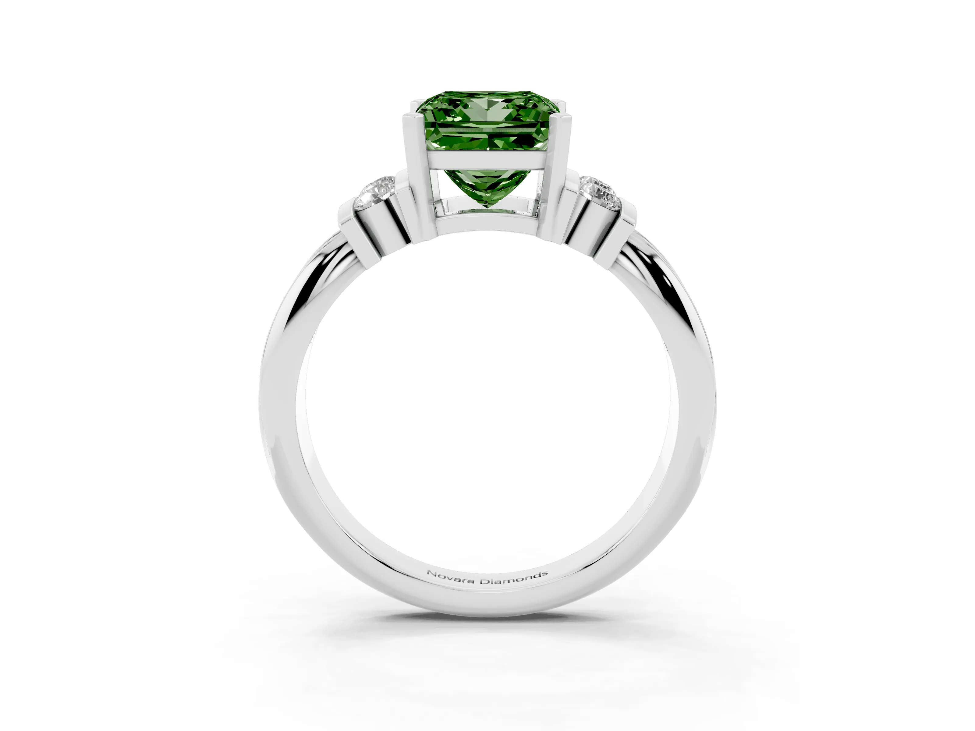Fancy Green Three-Stone Princess Cut Diamond Channel Set Ring Set in Silver with Bar Prongs