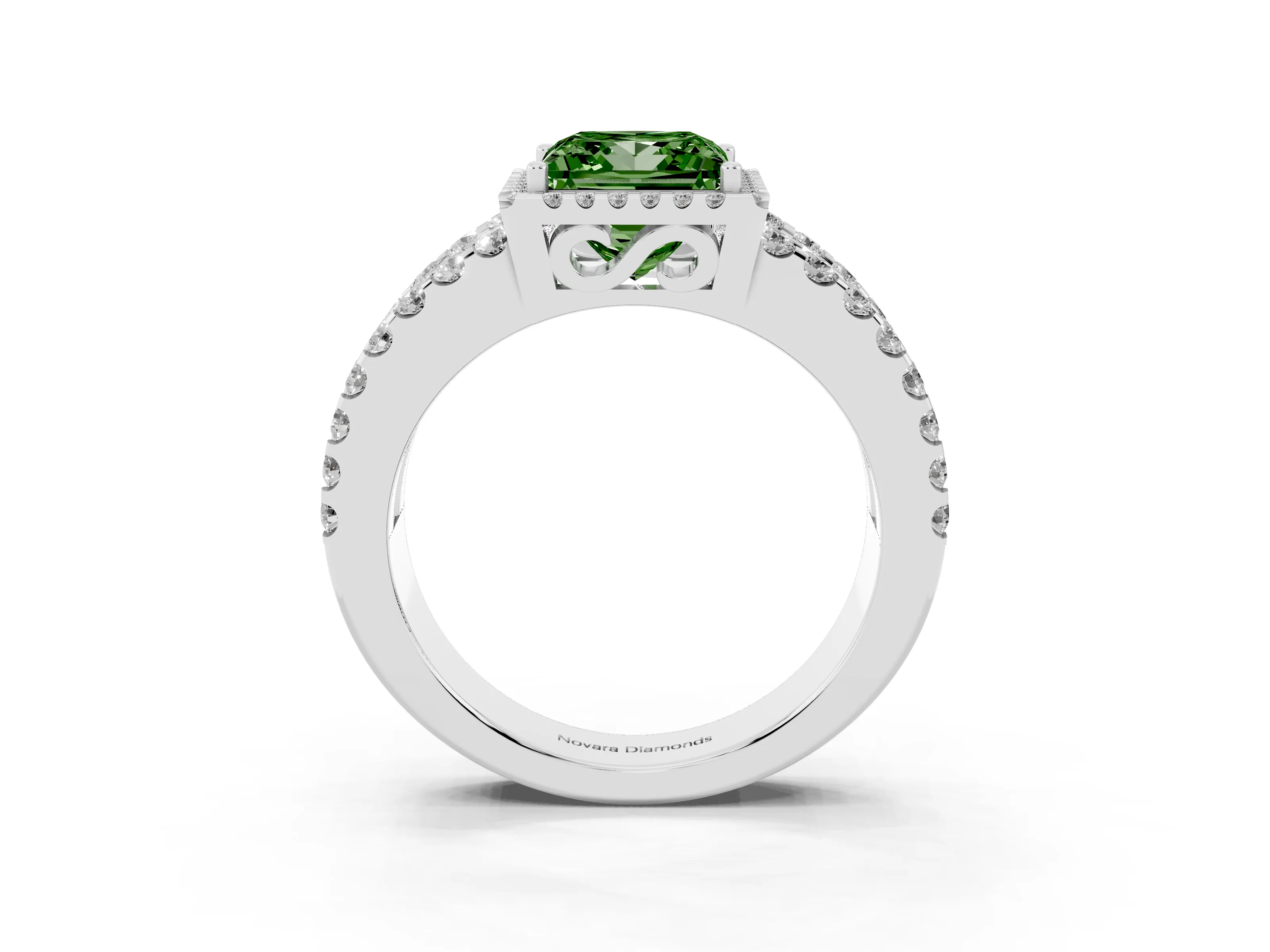 Fancy Green Princess Cut Diamond Halo Ring Set in White gold with Pavé Split Shank and Prong Setting
