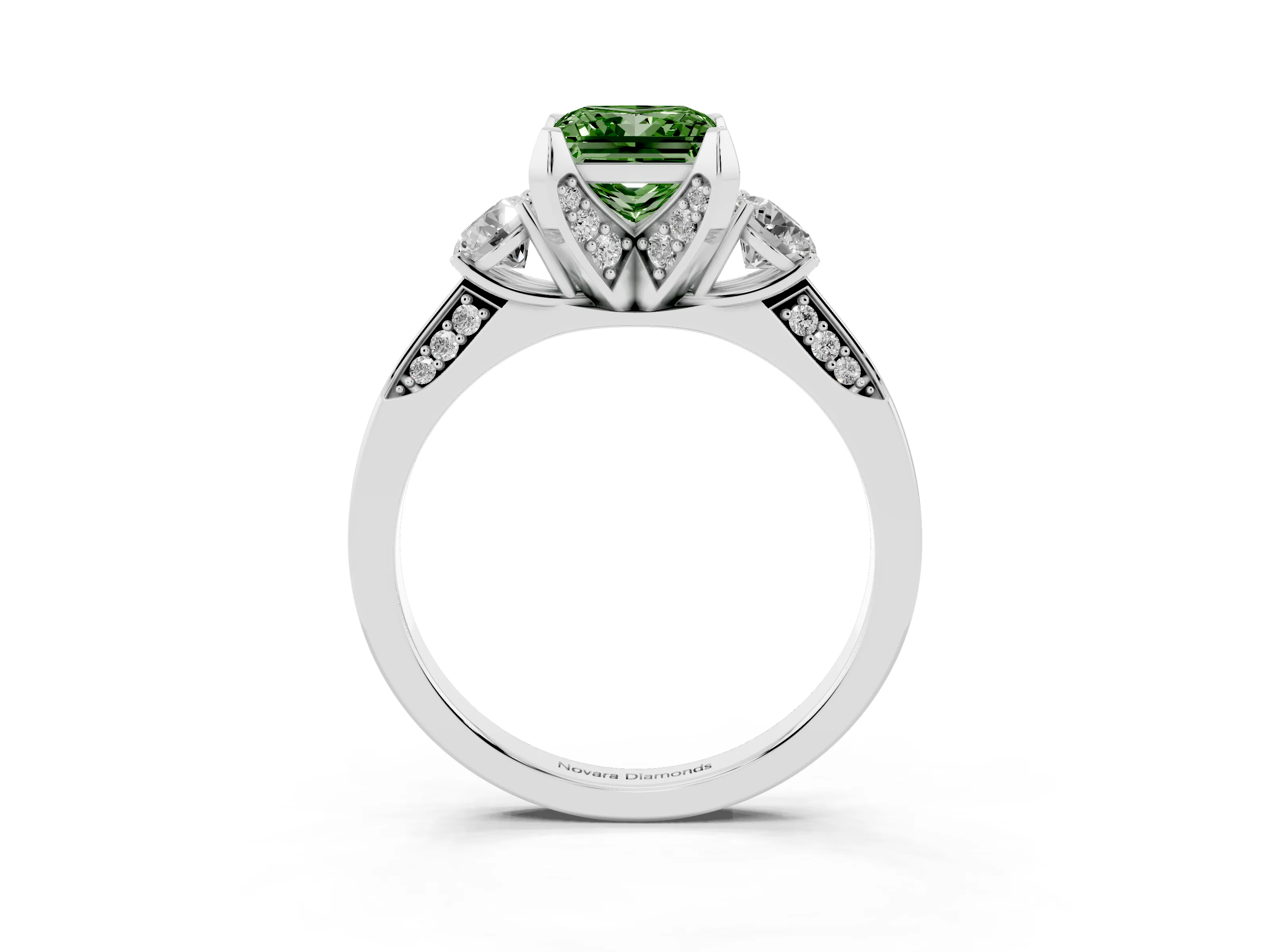 Fancy Green Princess Cut Diamond Three-Stone Ring Set in Silver with Pavé Band and Smaller Side Stones